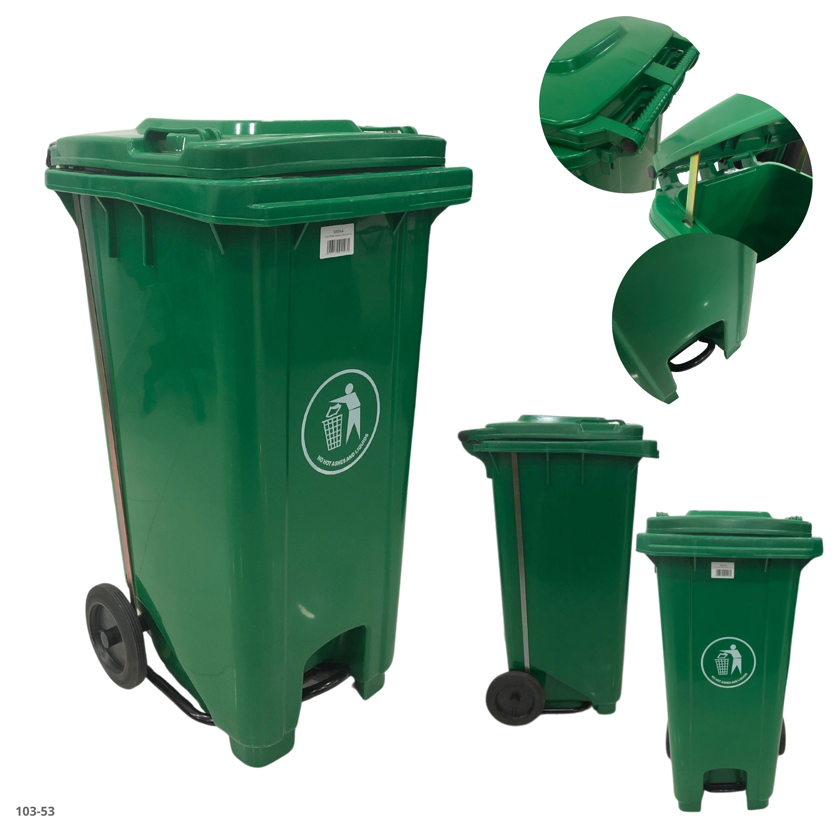 BASURERO 120L VERDE CON LLANTAS Y PEDAL 32 GAL