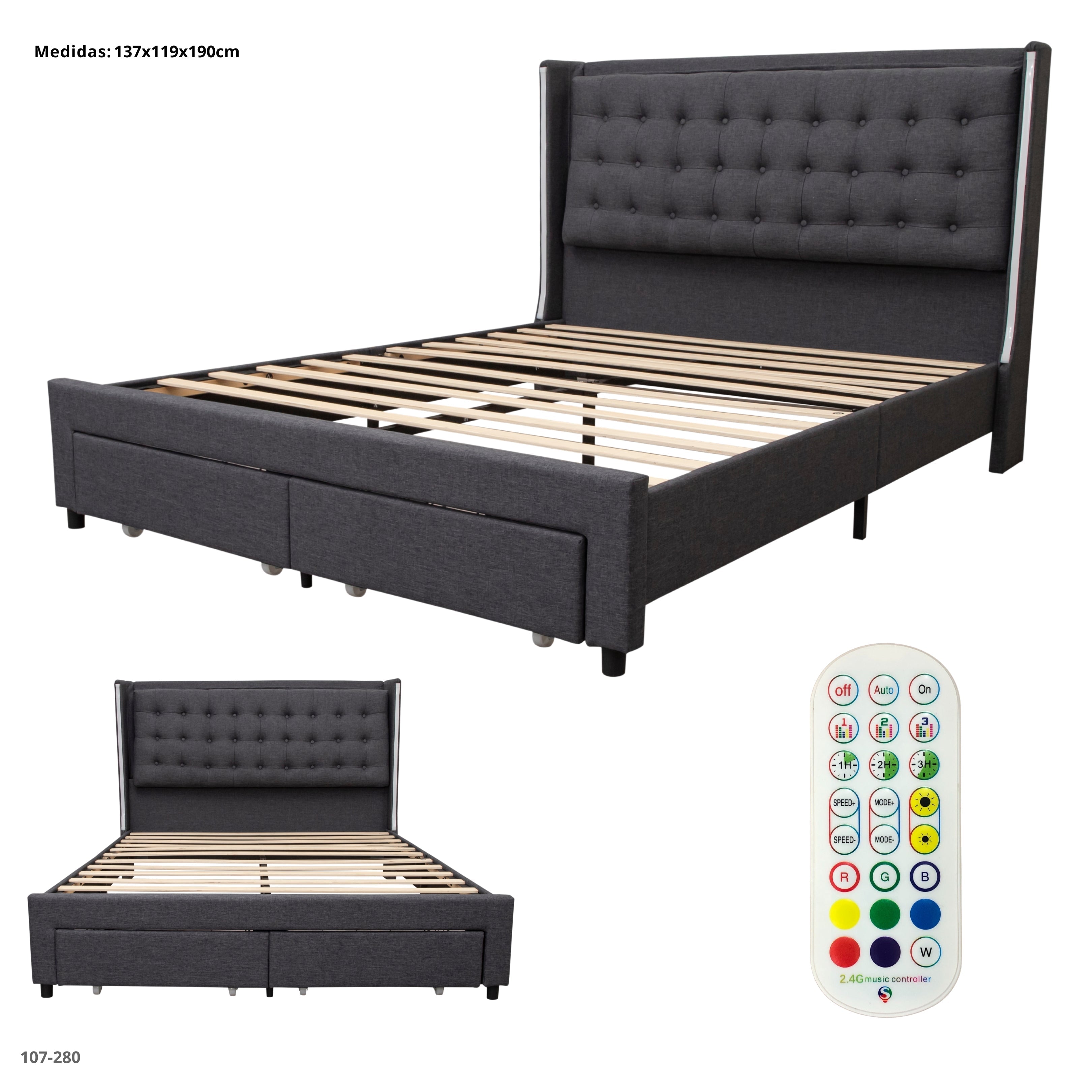 CAMA GRIS OSCURO C/2 GAVETAS/LED