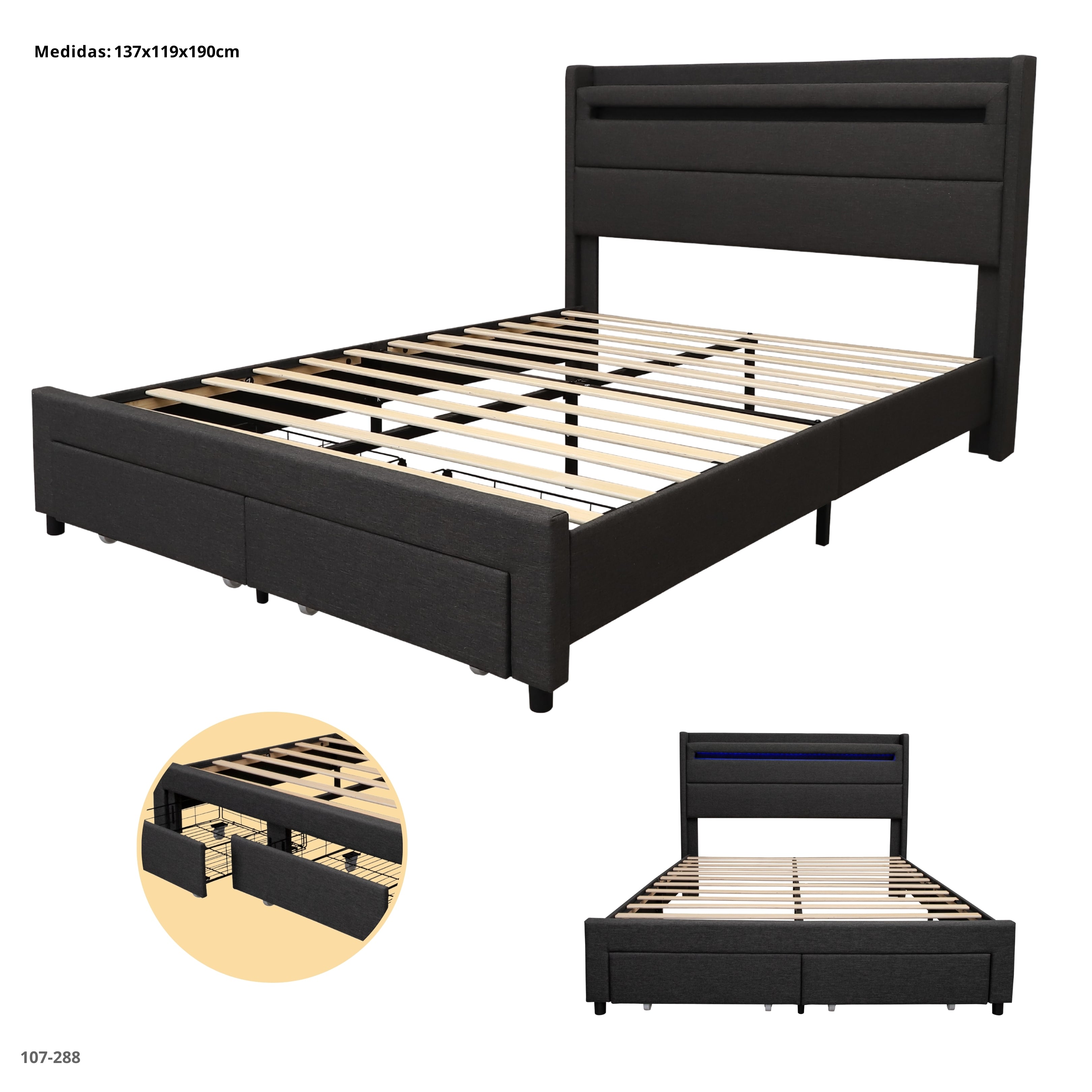 CAMA GRIS CON 2 GAVETAS/LED