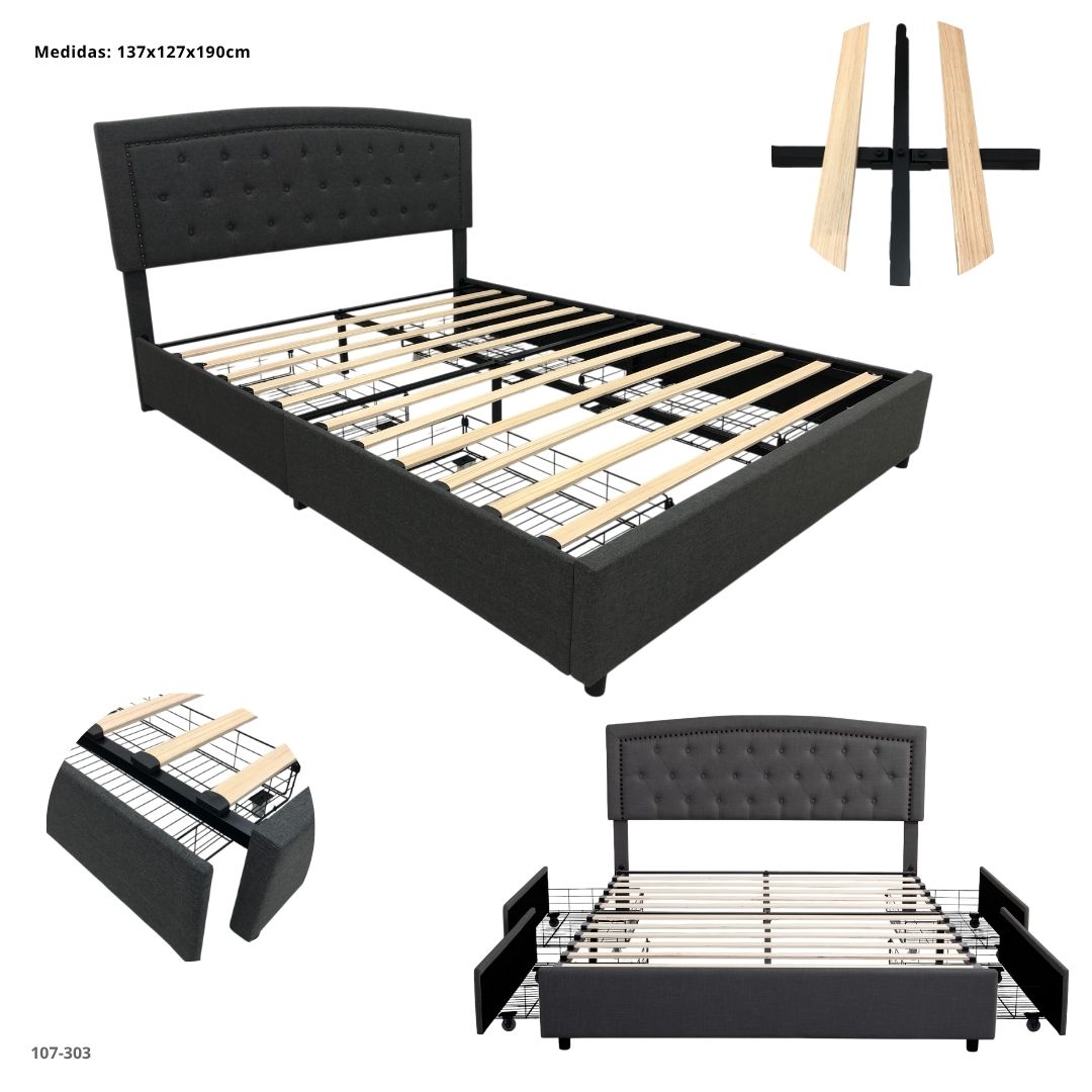 CAMA GRIS OSCURO CON 4 GAVETAS