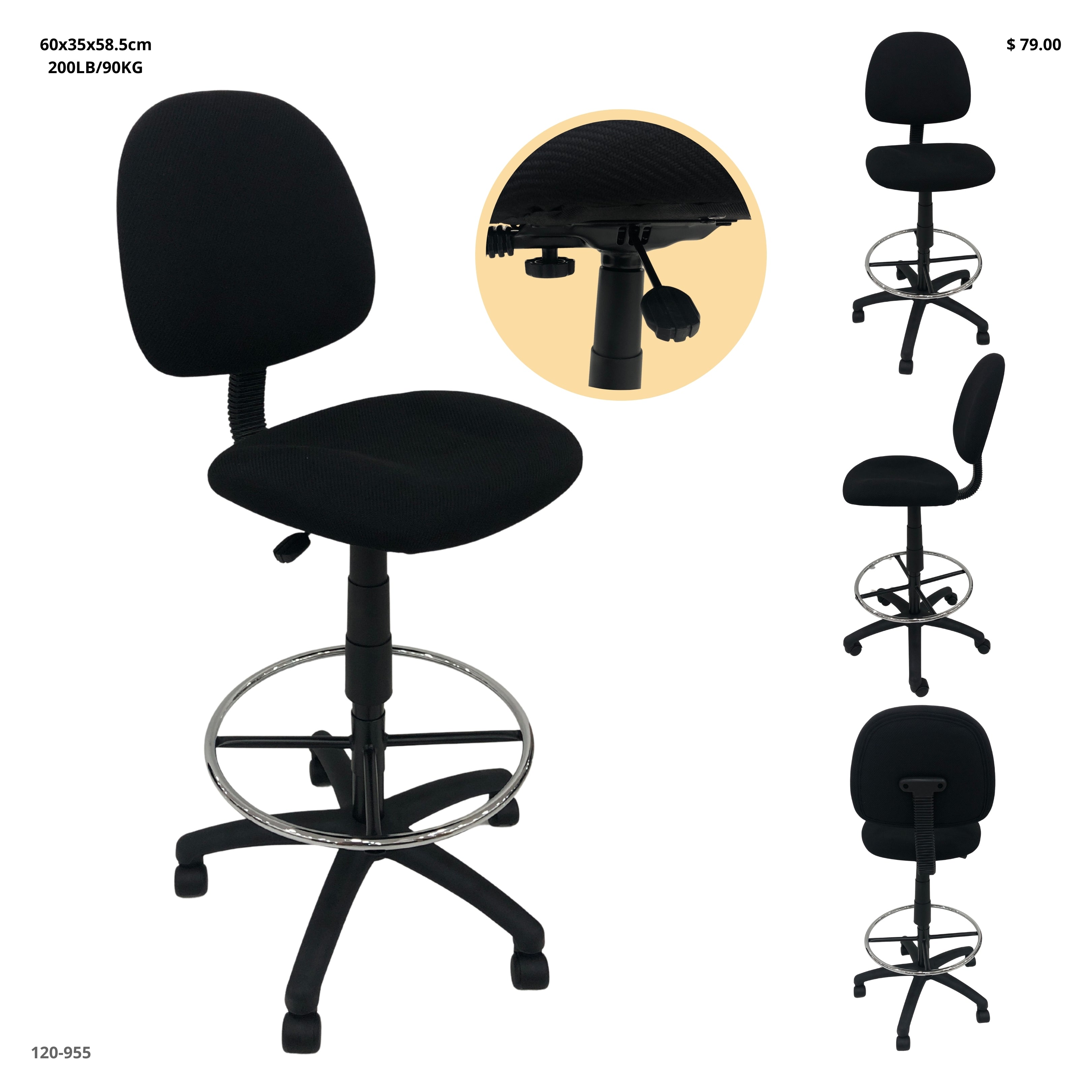 SILLA DE OFICINA ALTA NEGRA CAP 200LB/90KG