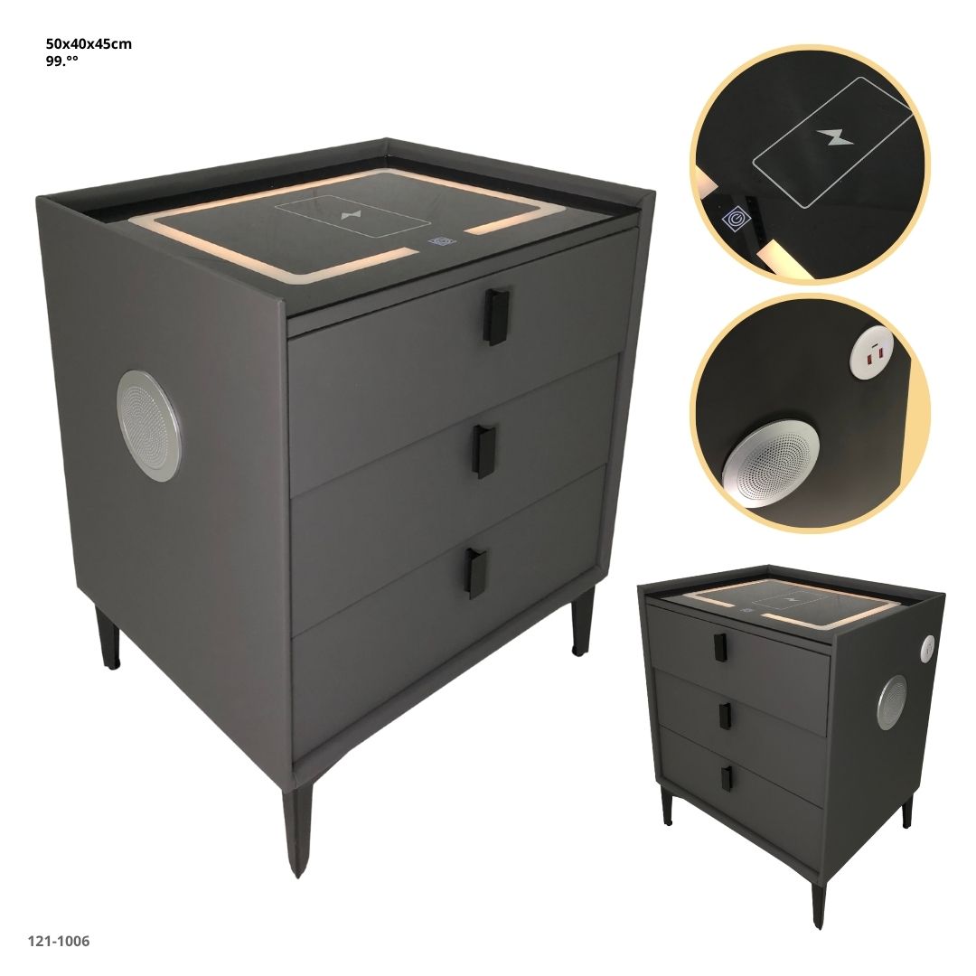 MESITA GRIS OSCURO DE NOCHE CON BLUETOOTH+LUZ+CARGADOR 3 GAVETAS