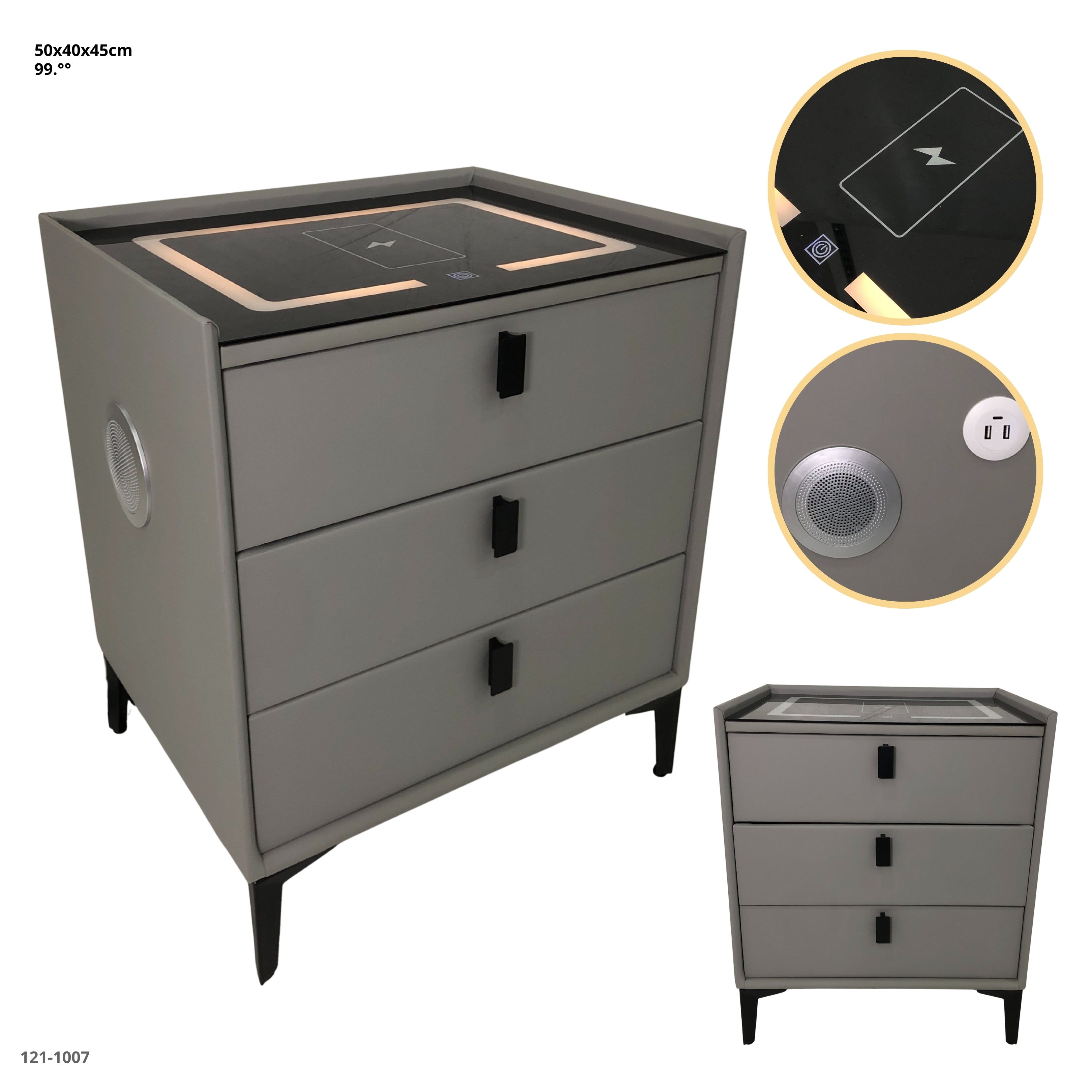 MESITA GRIS CLARO DE NOCHE CON BLUETOOTH+LUZ+CARGADOR 3 GAVETAS