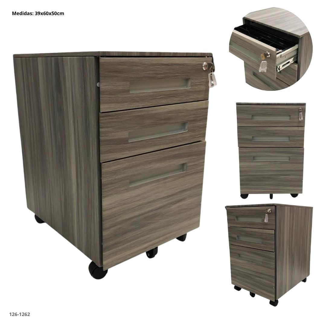 ARCHIVADOR METALICO 3 GAVETAS PEQUEÑO ESTILO MADERA CLARO CON RUEDAS