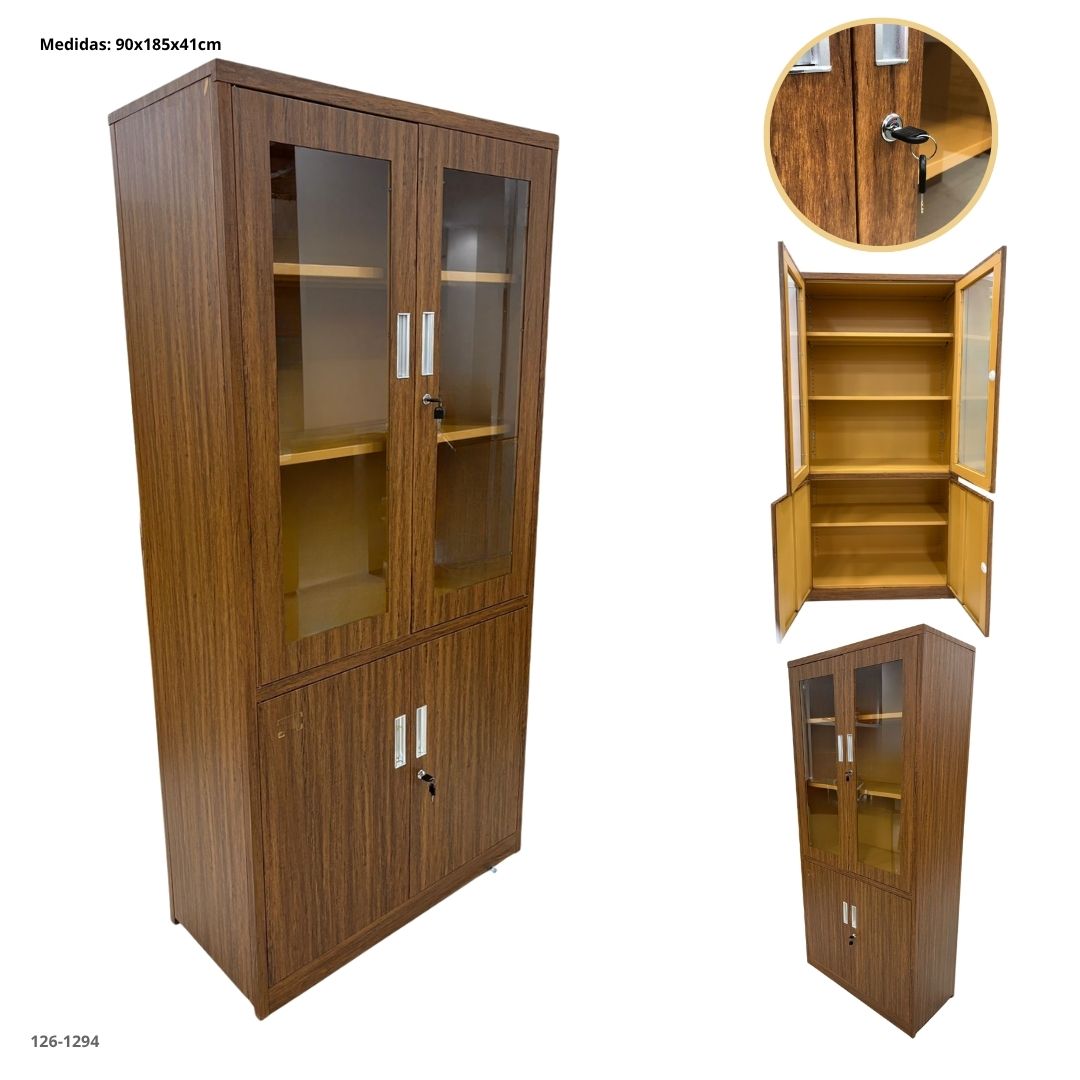 GABINETE METALICO CON 2 PUERTAS VIDRIO Y 2 DE METAL COLOR MADERA OSCURO