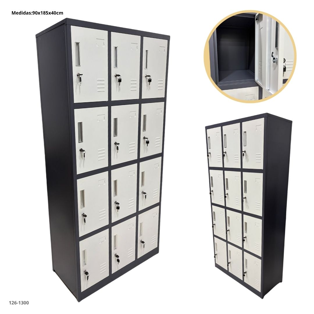CASILLERO METALICO 12 PUERTAS GRIS OSCURO/BLANCO PLEGABLE