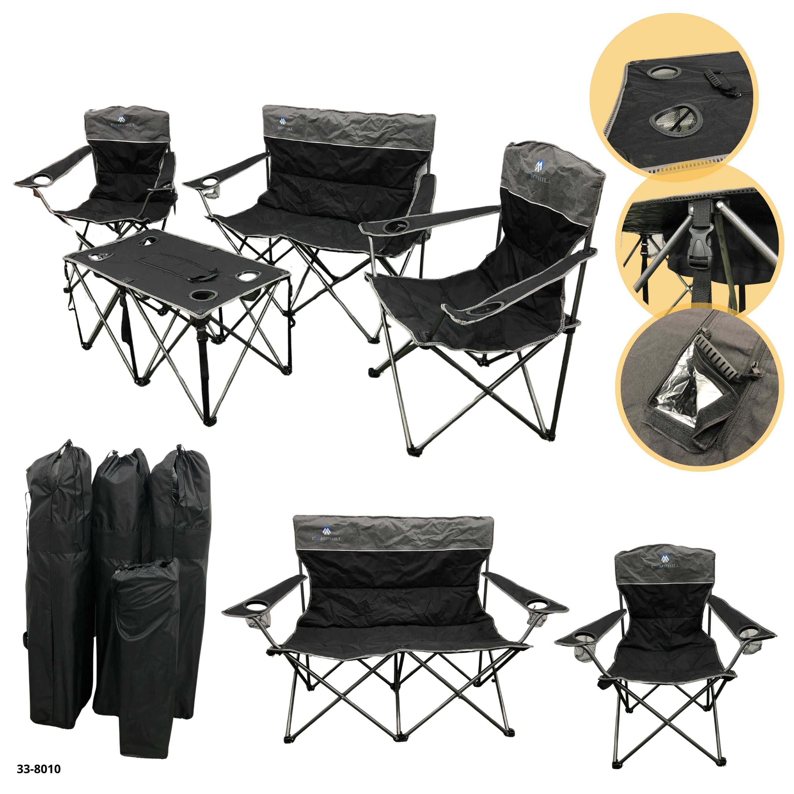 JGO 3 SILLAS CAMPING NEGRO/GRIS + MESA
