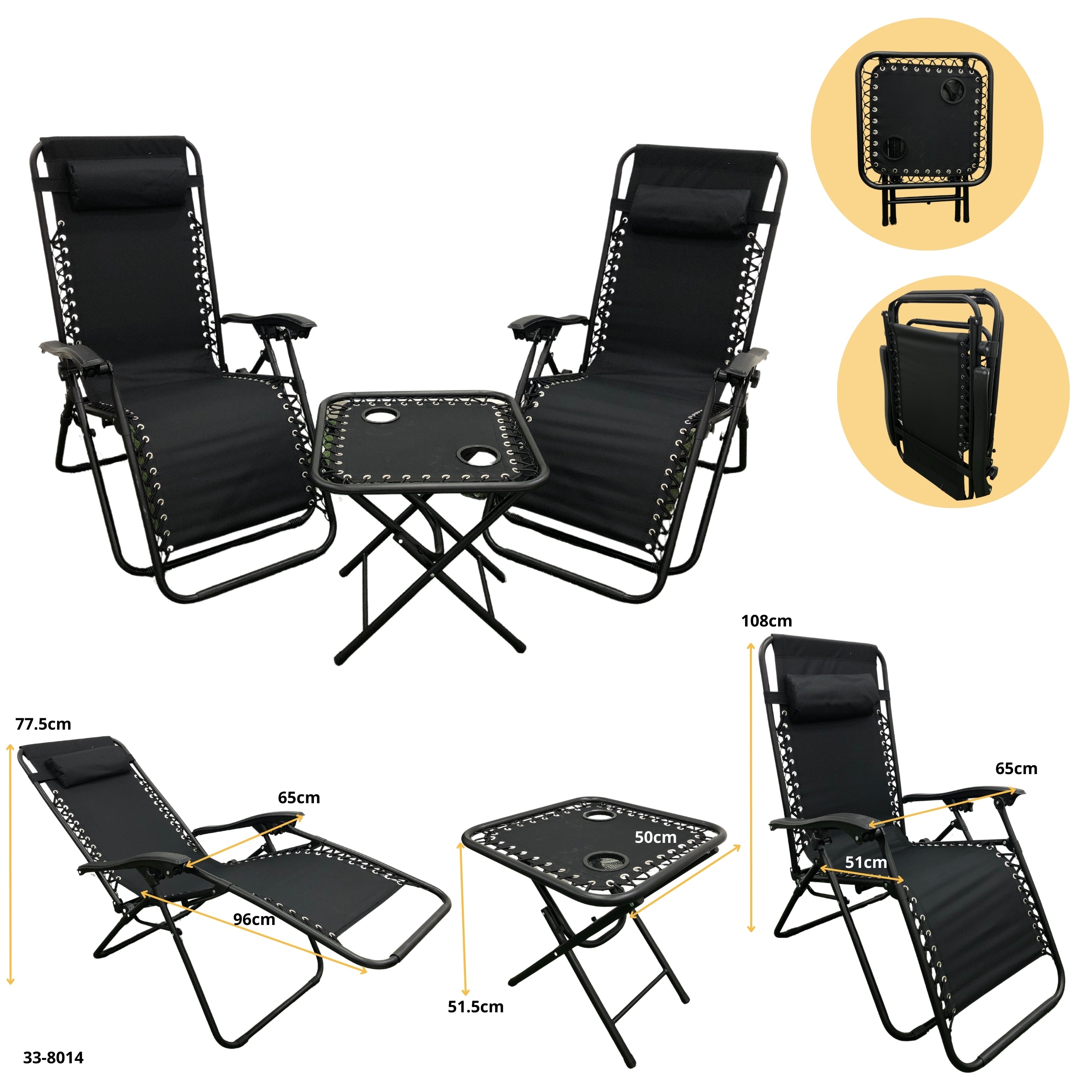 JGO 2 SILLAS DE PLAYA PLEGABLE NEGRA + MESA