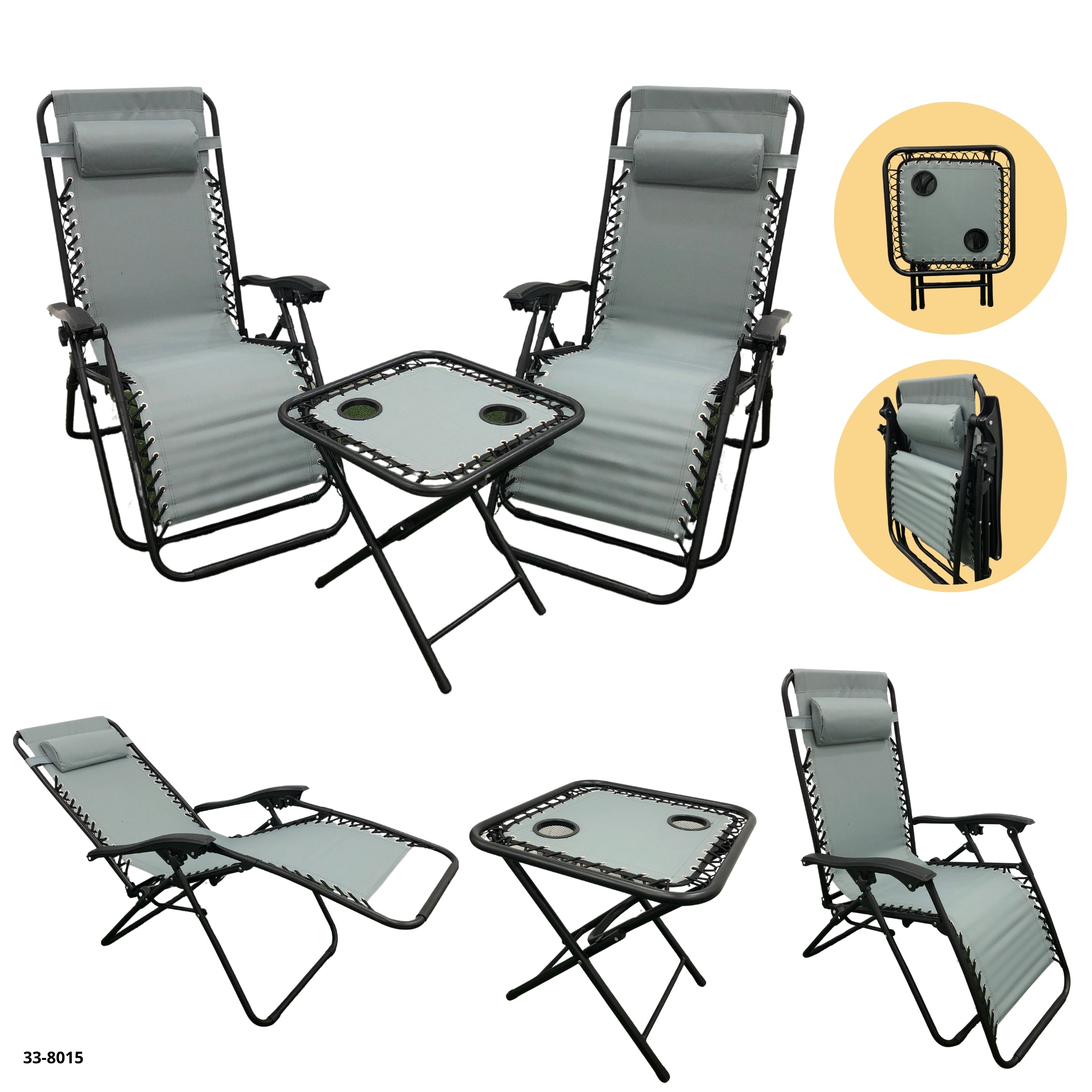 JGO 2 SILLAS DE PLAYA PLEGABLE GRIS + MESA