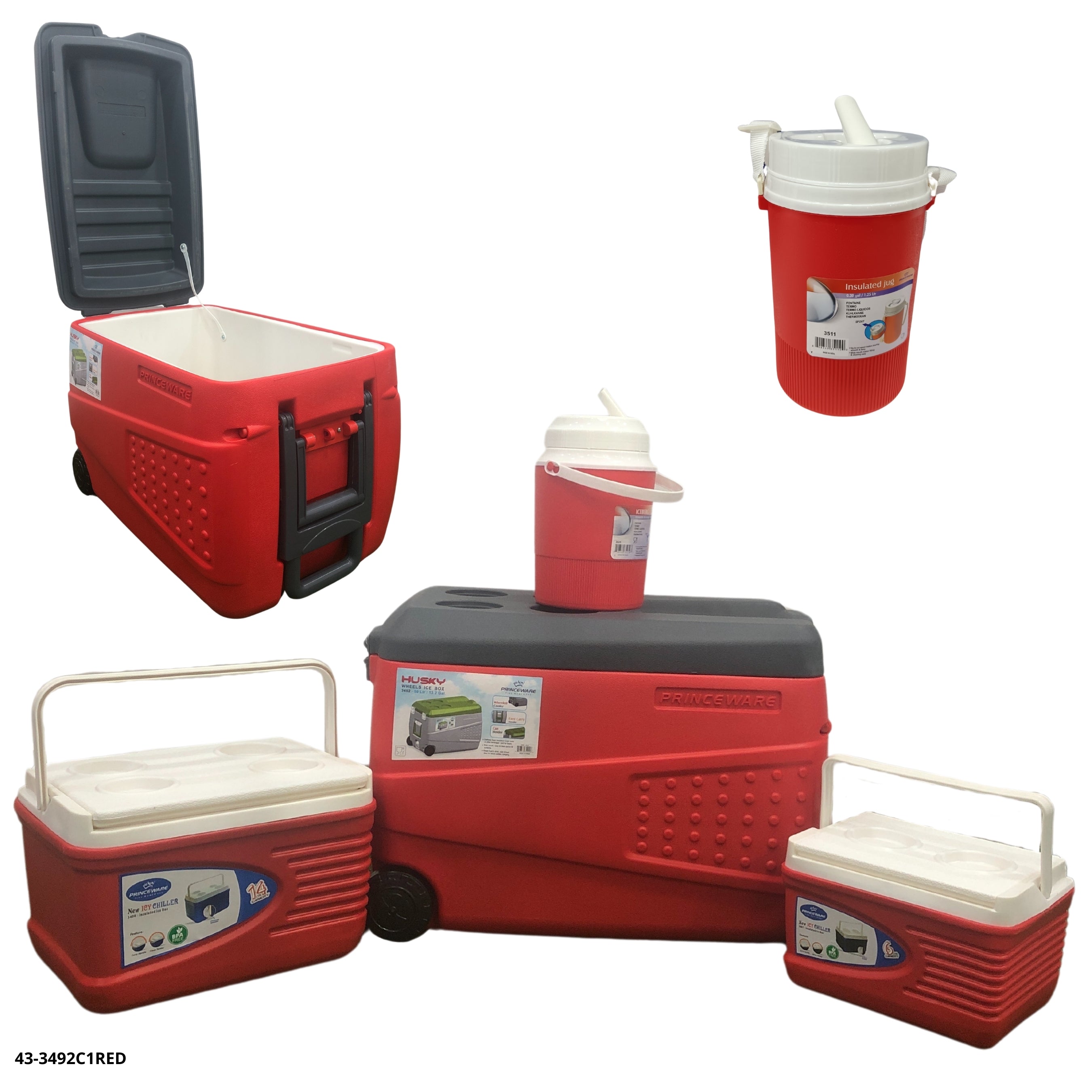 HIELERA ROJA SET 5 PZAS (50L+14L+6L+2.4L+1.25L)