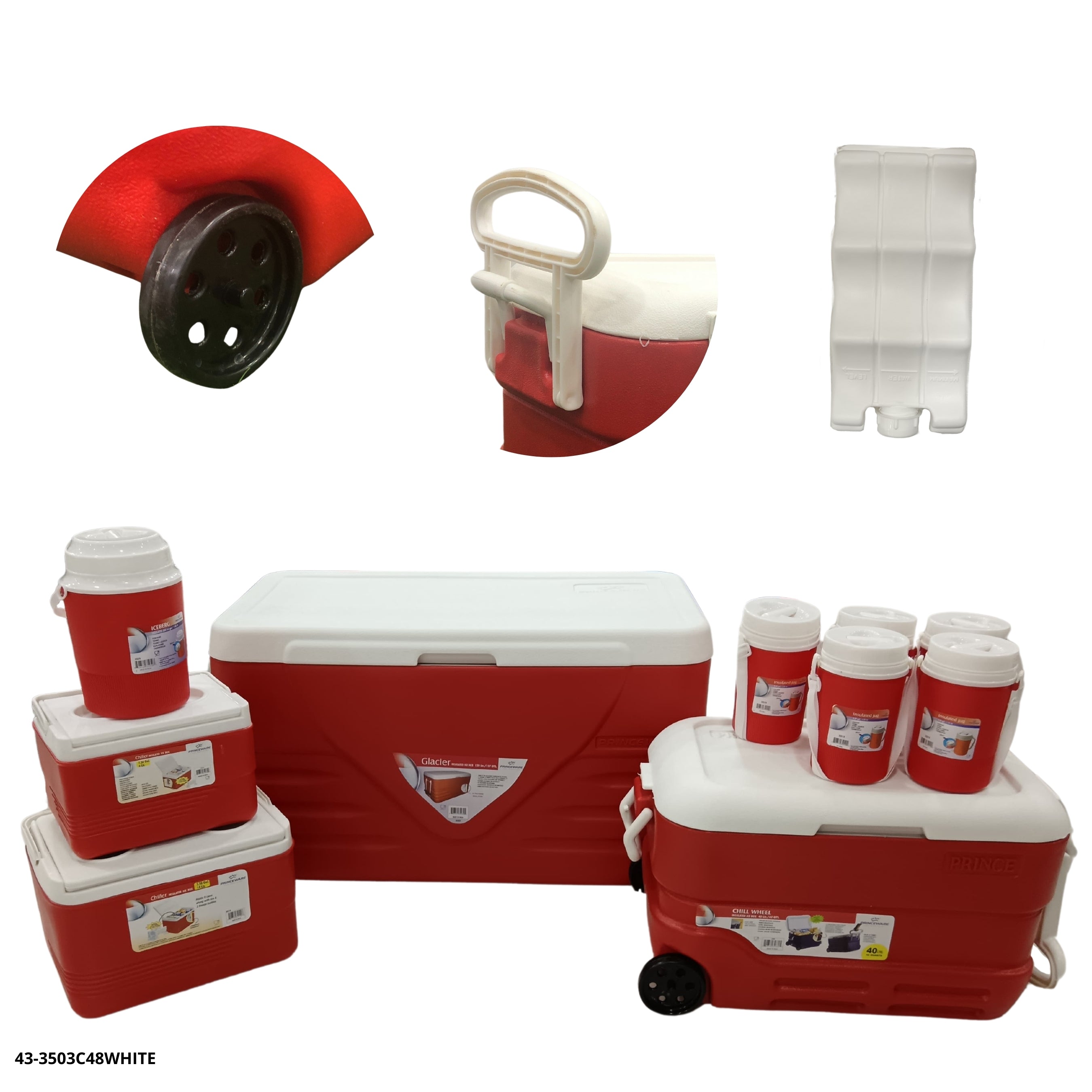 HIELERA ROJA/BLANCO SET 9 PZAS (120L+40L+14L+6L+2.4L+1.25L X4)