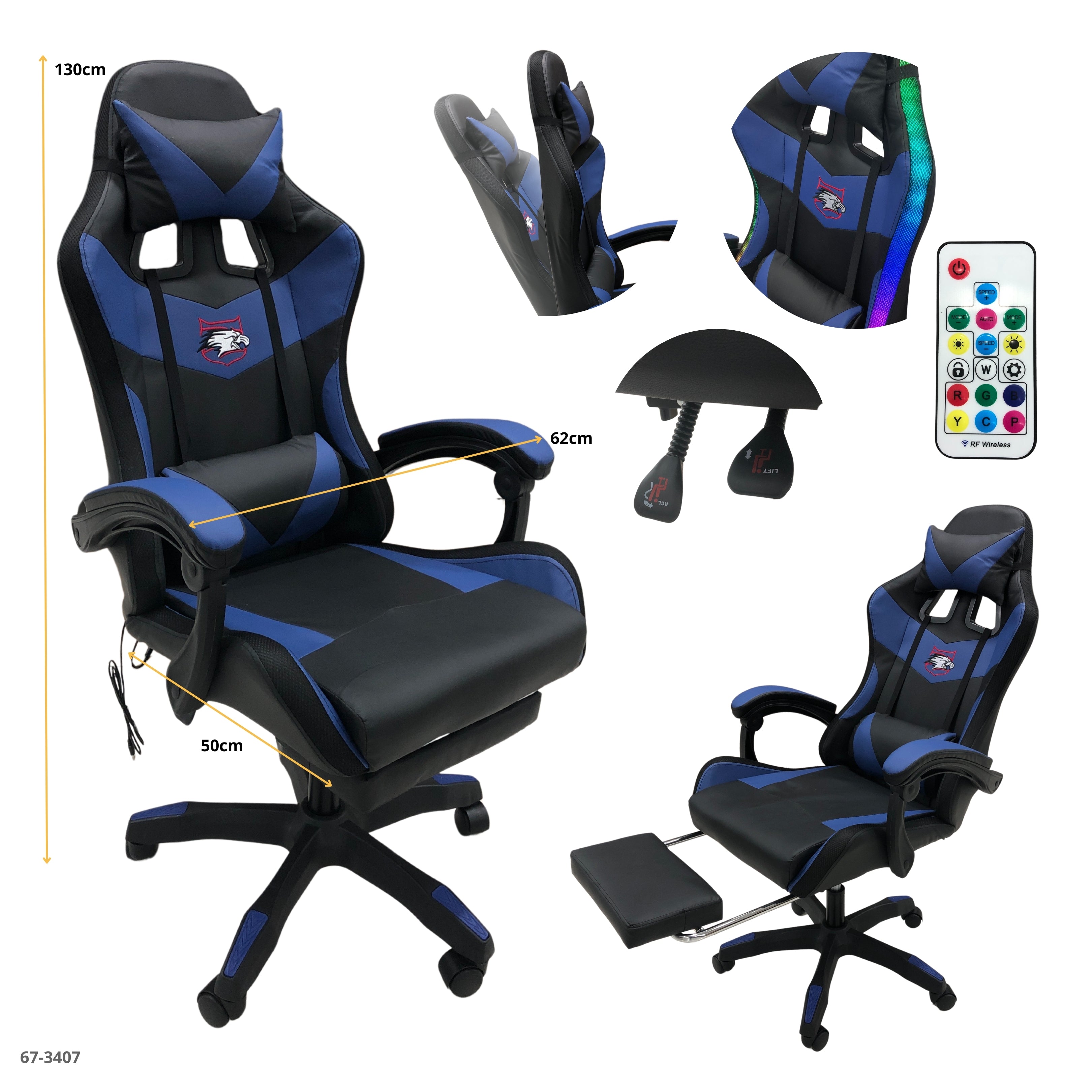 SILLA GAMING NEGRO/ AZUL LED CON REPOSA PIE