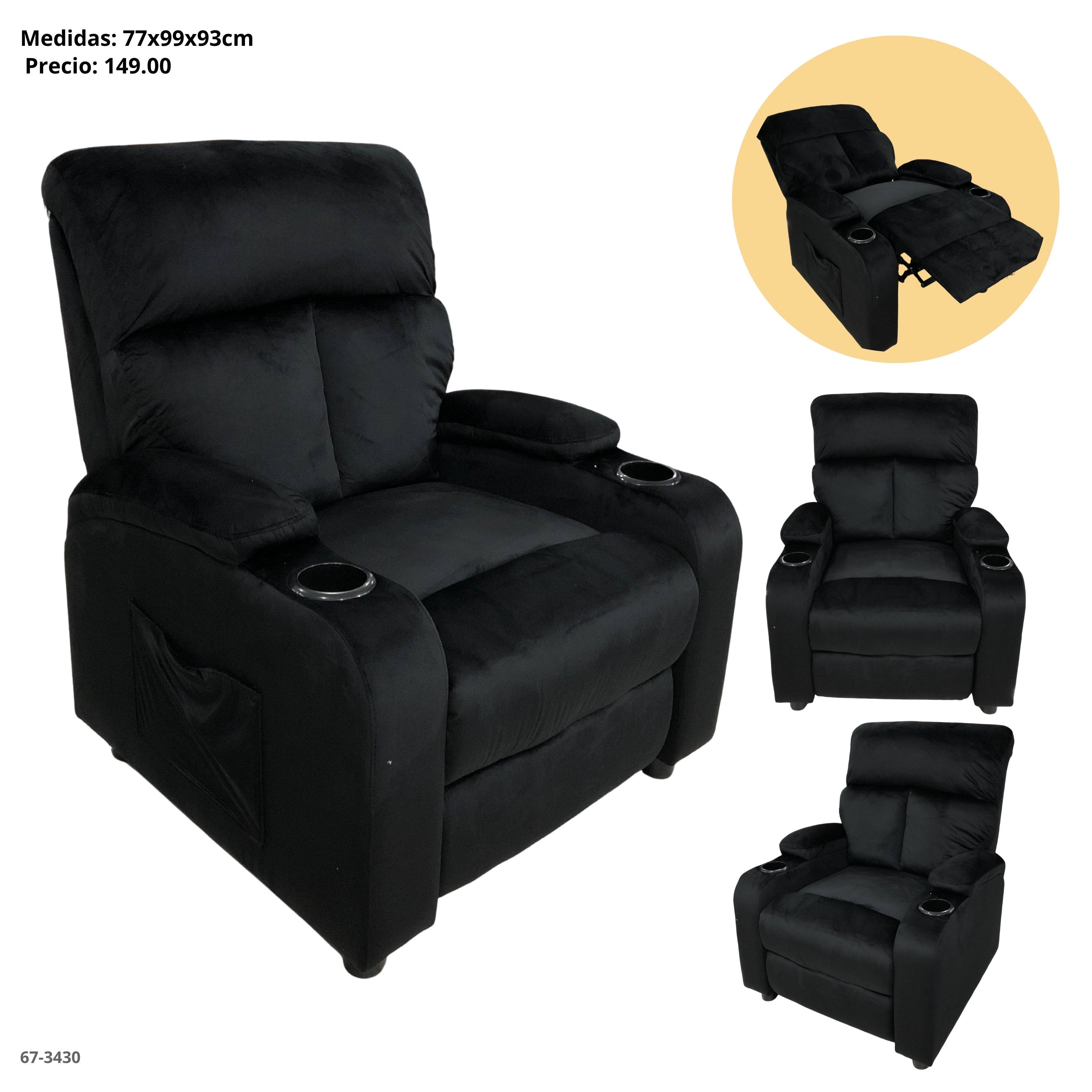 SOFA RECLINABLE C/PORTAVASO TELA NEGRO