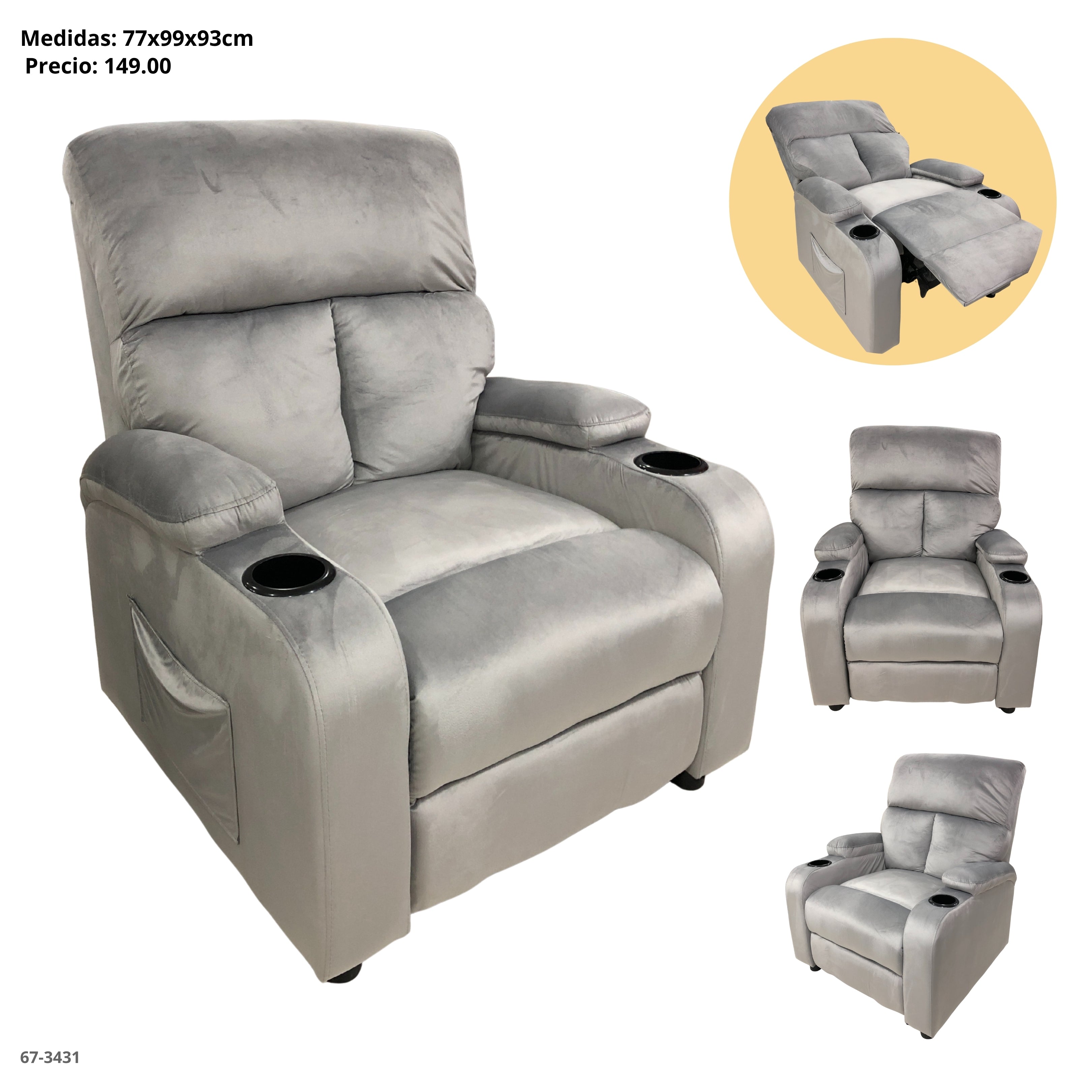 SOFA RECLINABLE C/PORTAVASO TELA GRIS