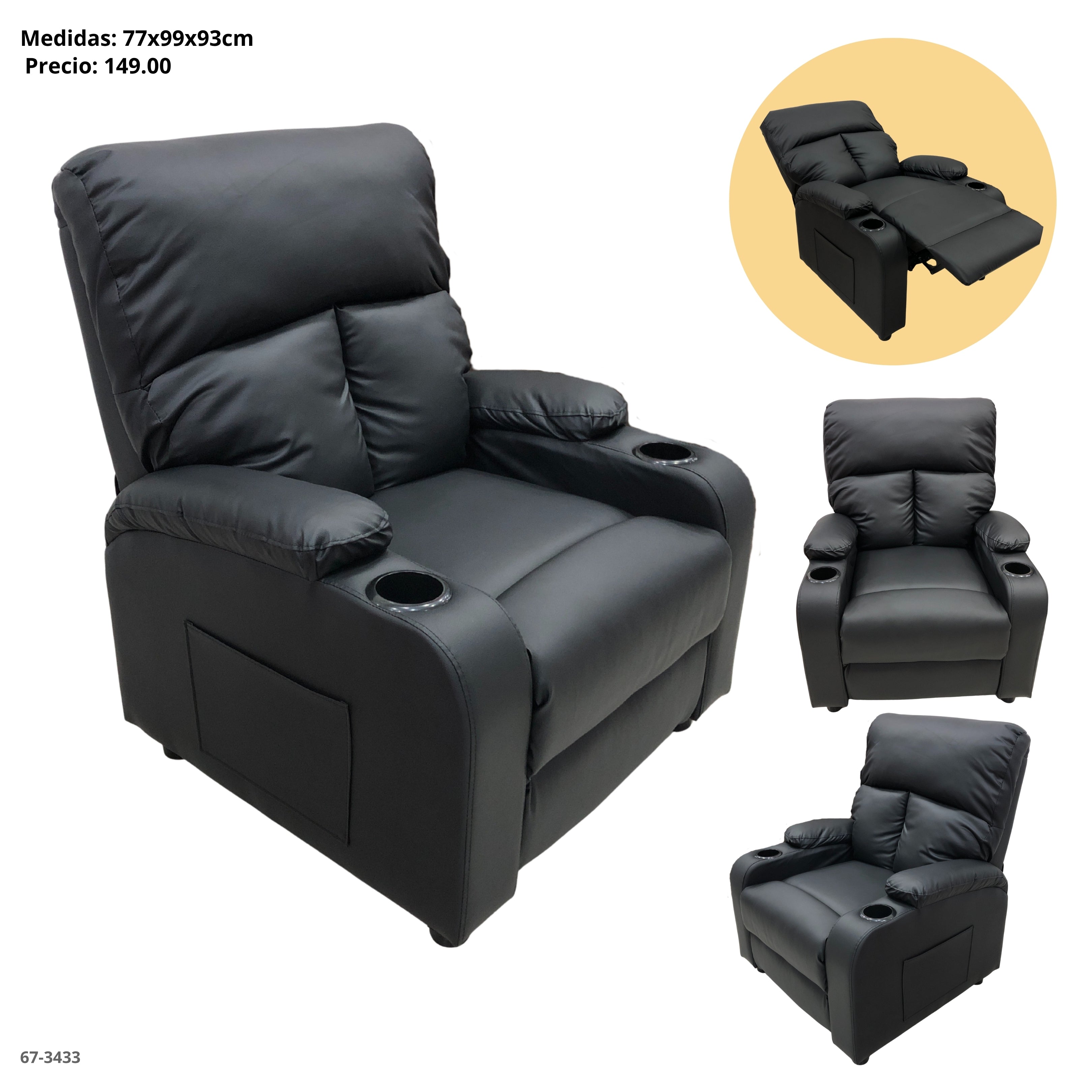 SOFA RECLINABLE C/PORTAVASO CUERINA NEGRA