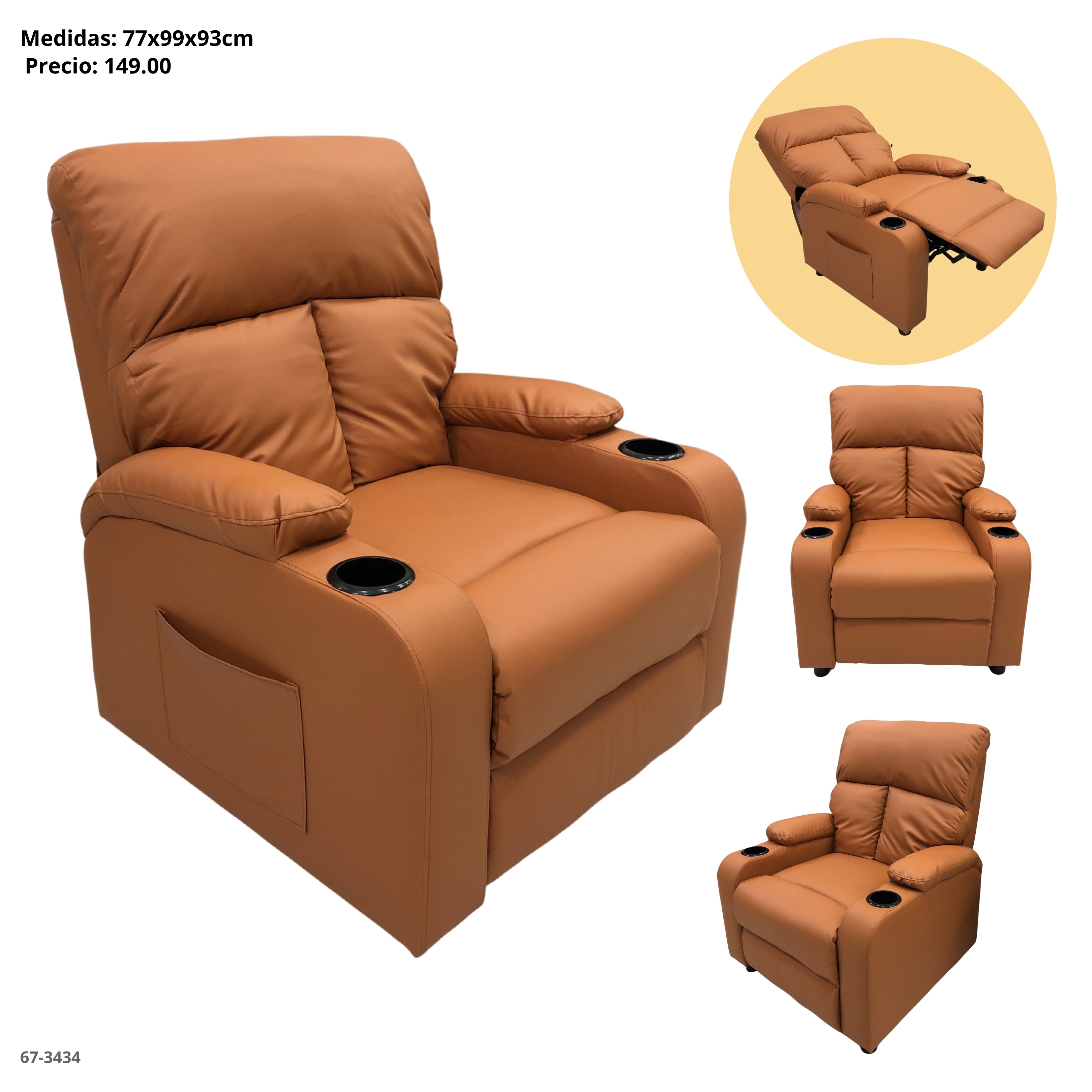 SOFA RECLINABLE C/PORTAVASOCUERINA CARAMELO