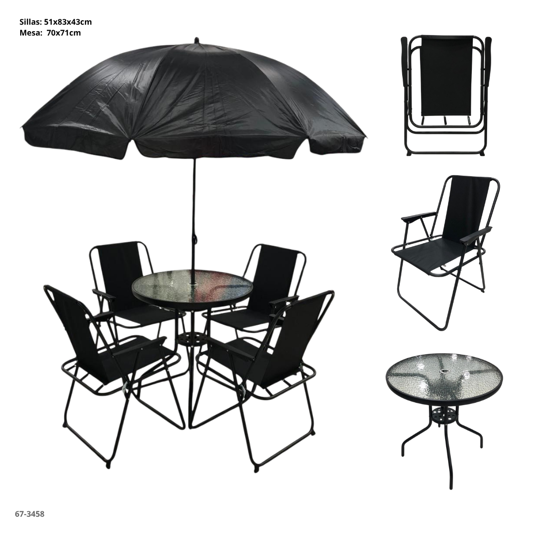 JUEGO DE TERRAZA NEGRO CON 4 SILLAS+MESA Y PARAGUA