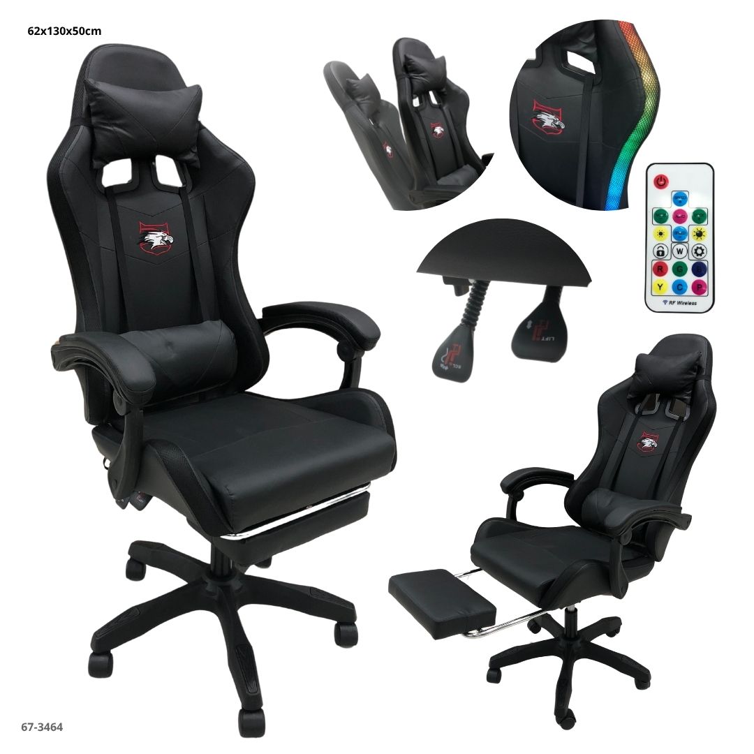 SILLA GAMING NEGRO LED CON REPOSA PIE