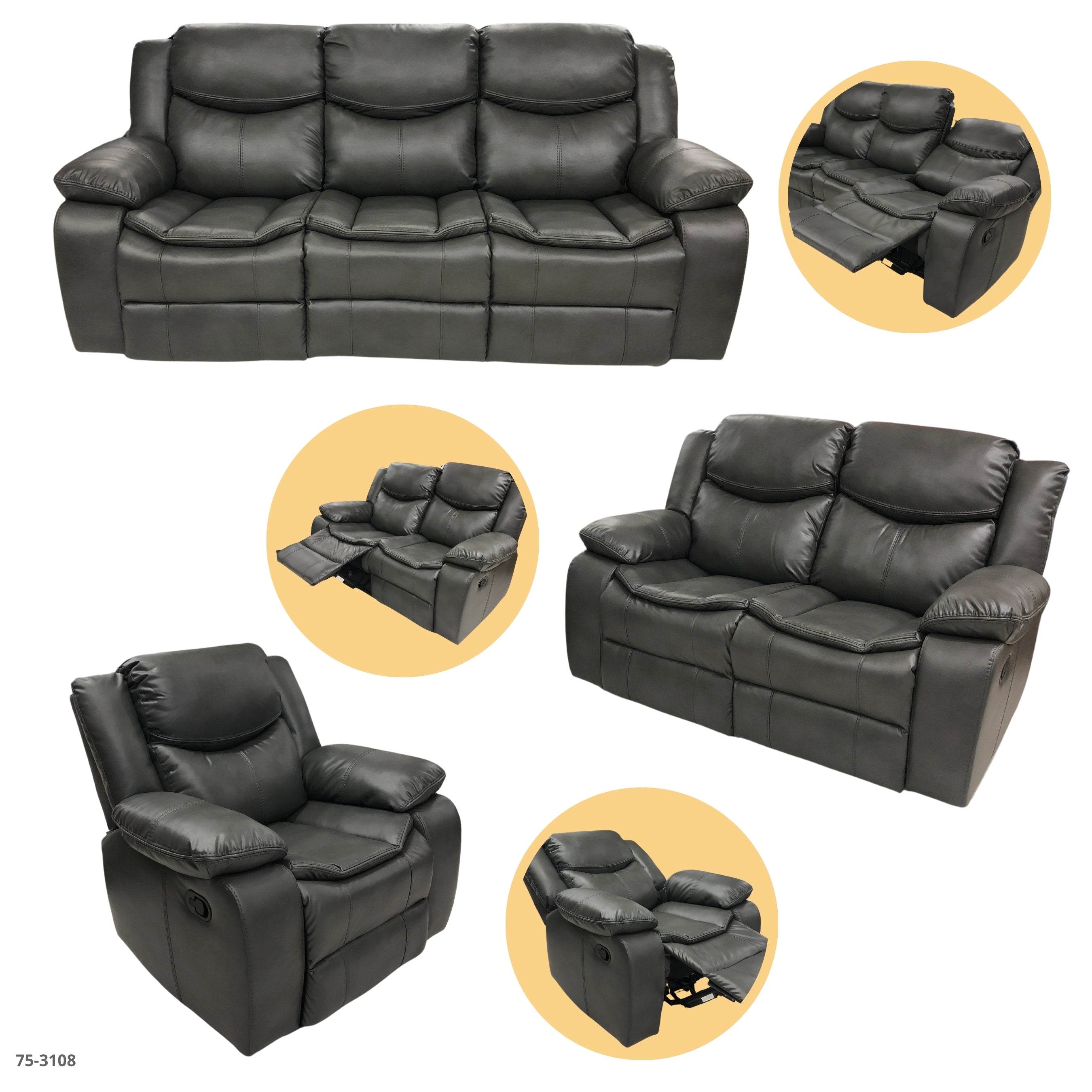 JUEGO DE SOFA GRIS RECLINABLE DE 3 PZA TAPICERIA CUERO DE AIRE