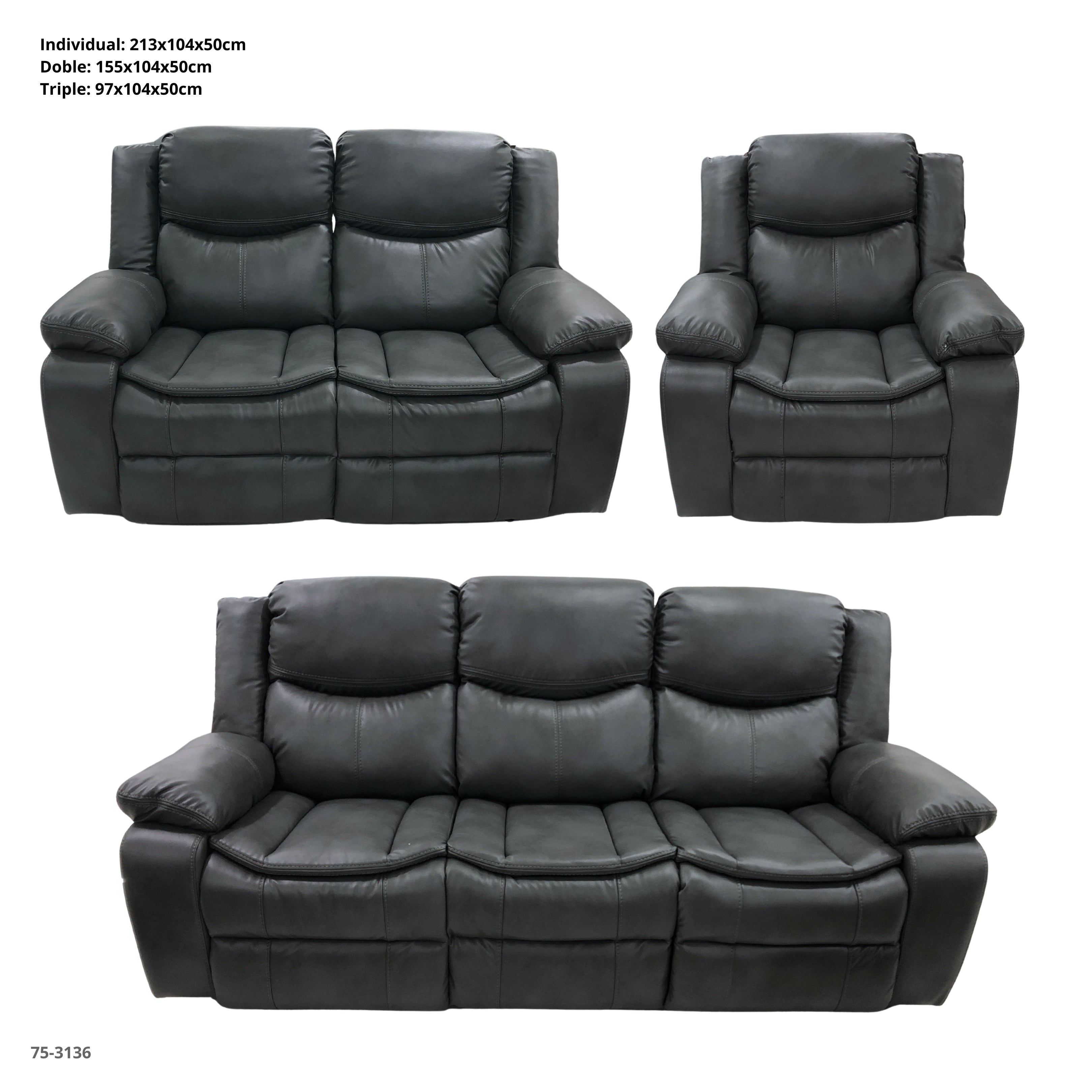 JUEGO DE SOFA GRIS RECLINABLE VALERIE DE 3 PZA TAPICERIA CUERO DE AIRE