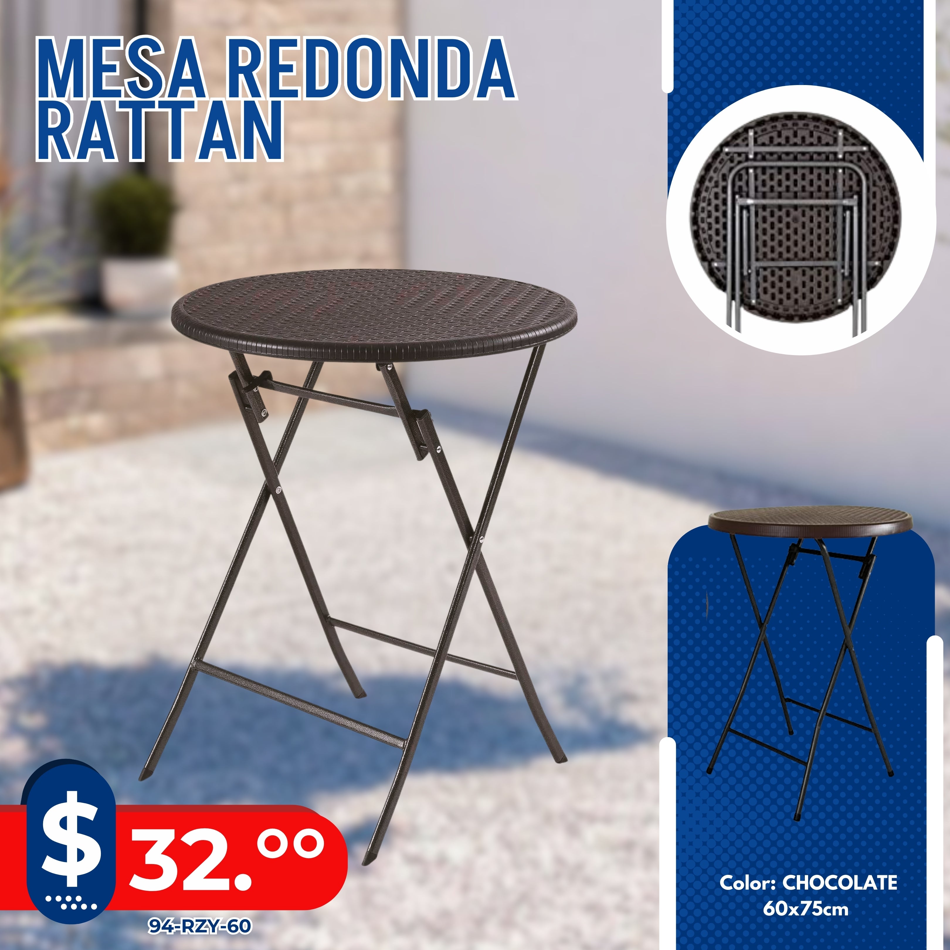 MESA REDONDA 60 CM RATTAN CHOCOLATE 60X74CM