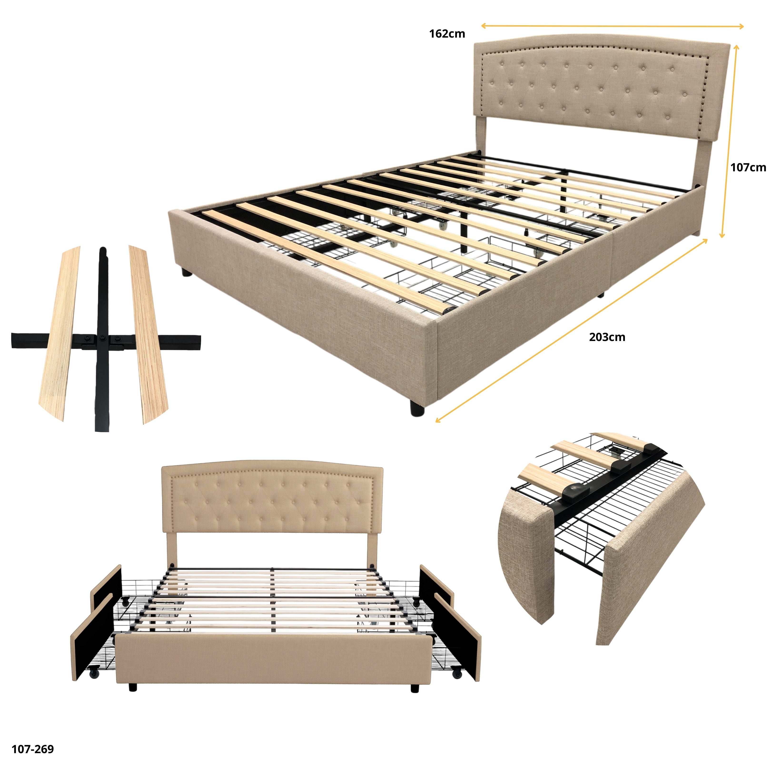 CAMA QUEEN CREMA CON 4 GAVETAS