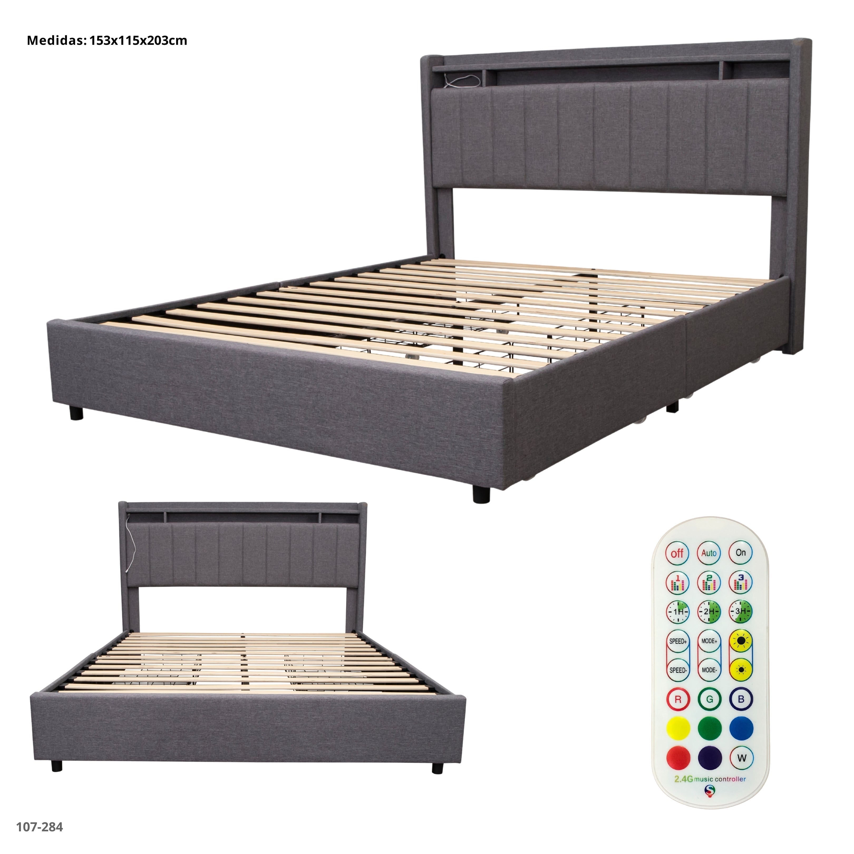 CAMA QUEEN GRIS CON 4 GAVETAS LED/USB/CONECTOR ELECTRICO