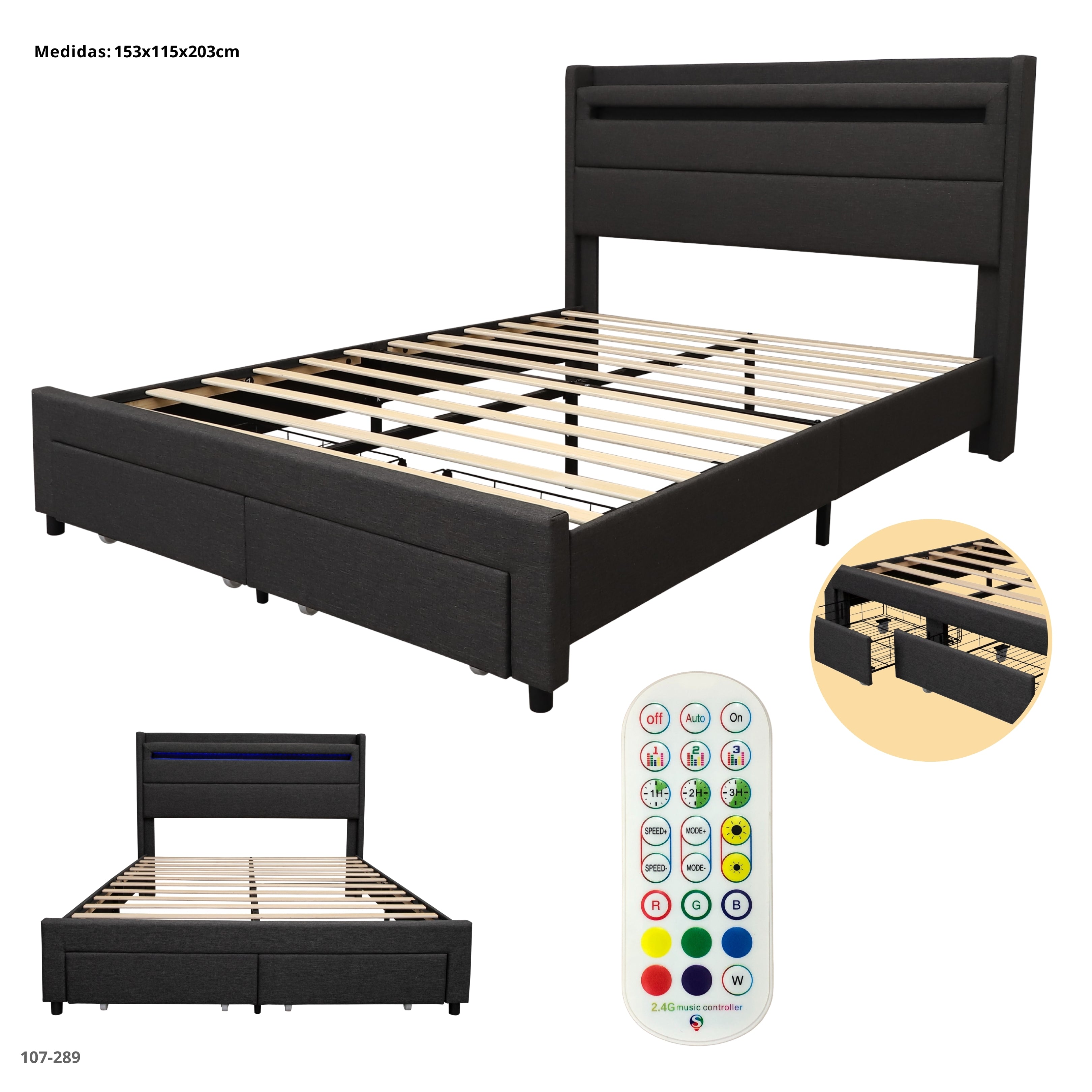 CAMA QUEEN GRIS CON 2 GAVETAS /LED