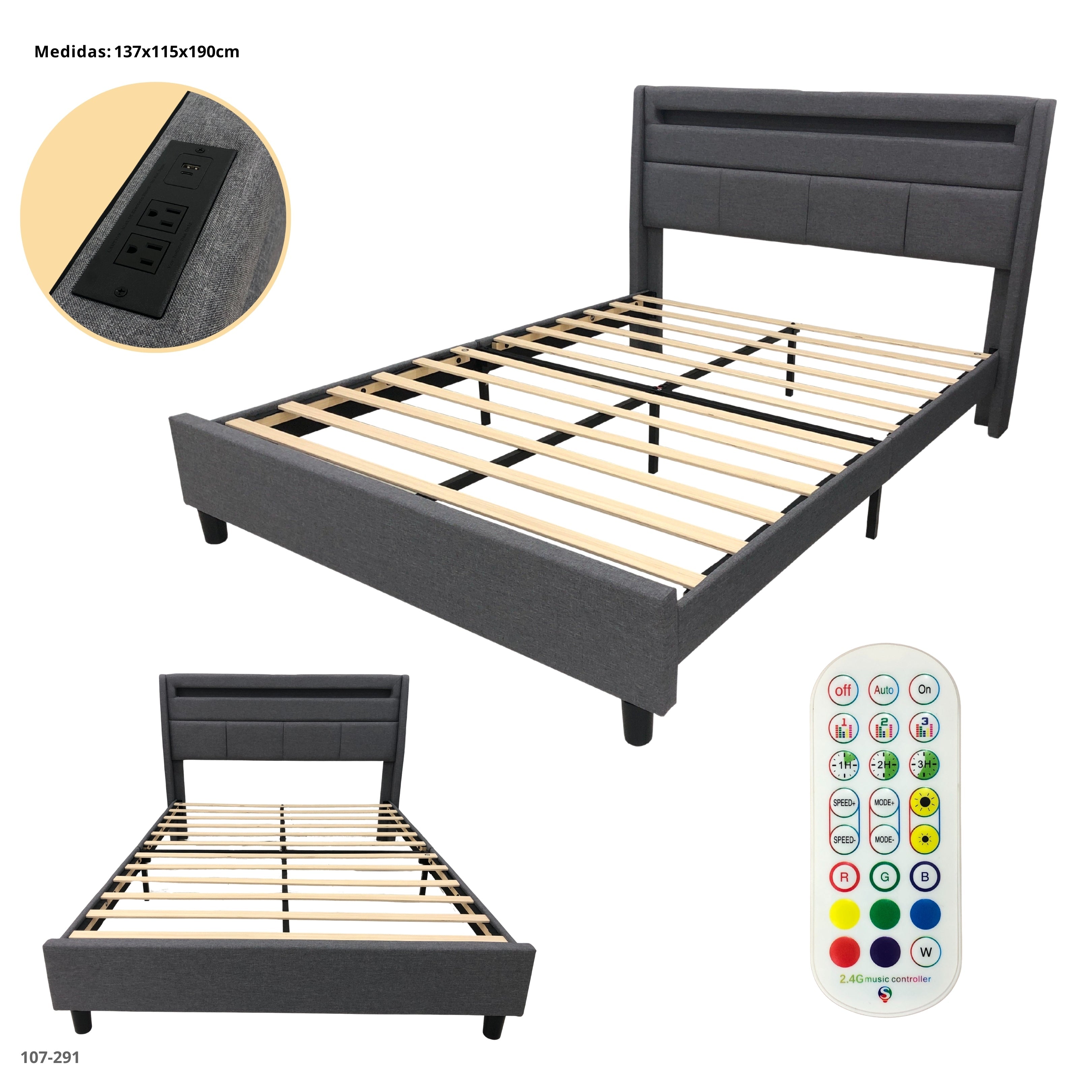 CAMA FULL GRIS CON USB/LED/TOMA CORRIENTE