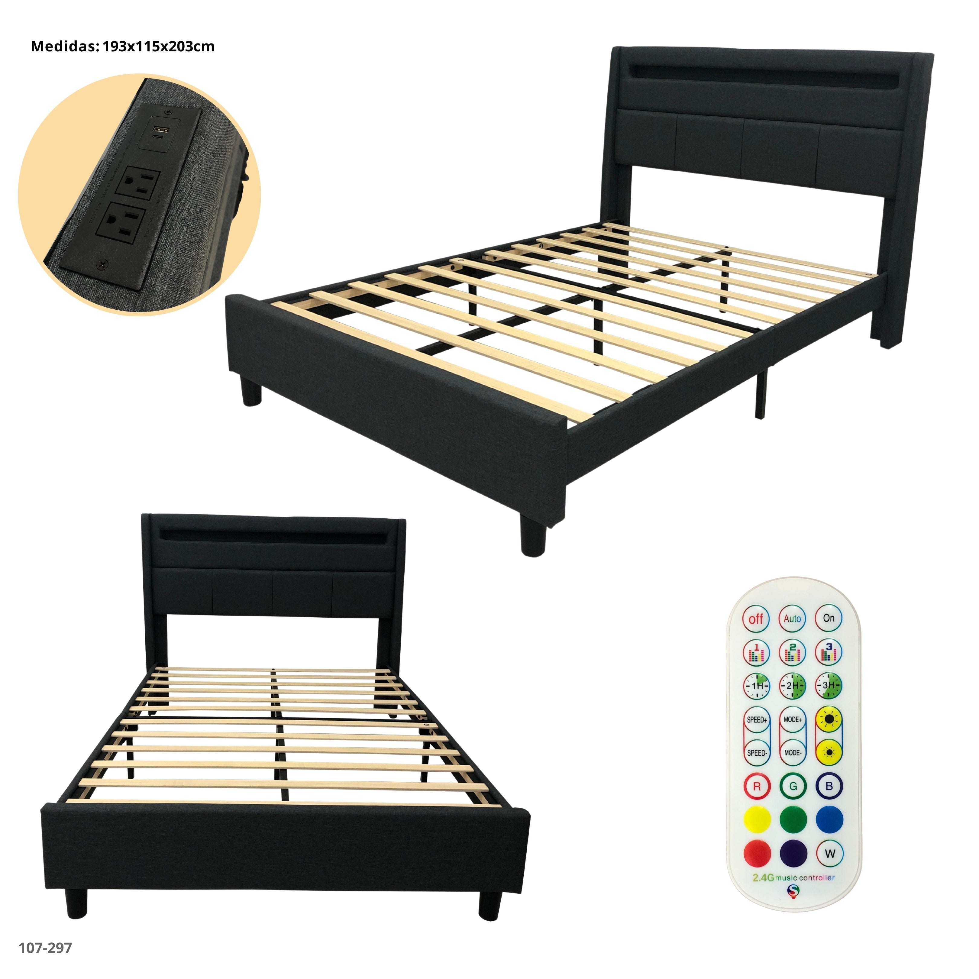 CAMA KING GRIS OSCURO CON USB/LED/TOMA CORRIENTE
