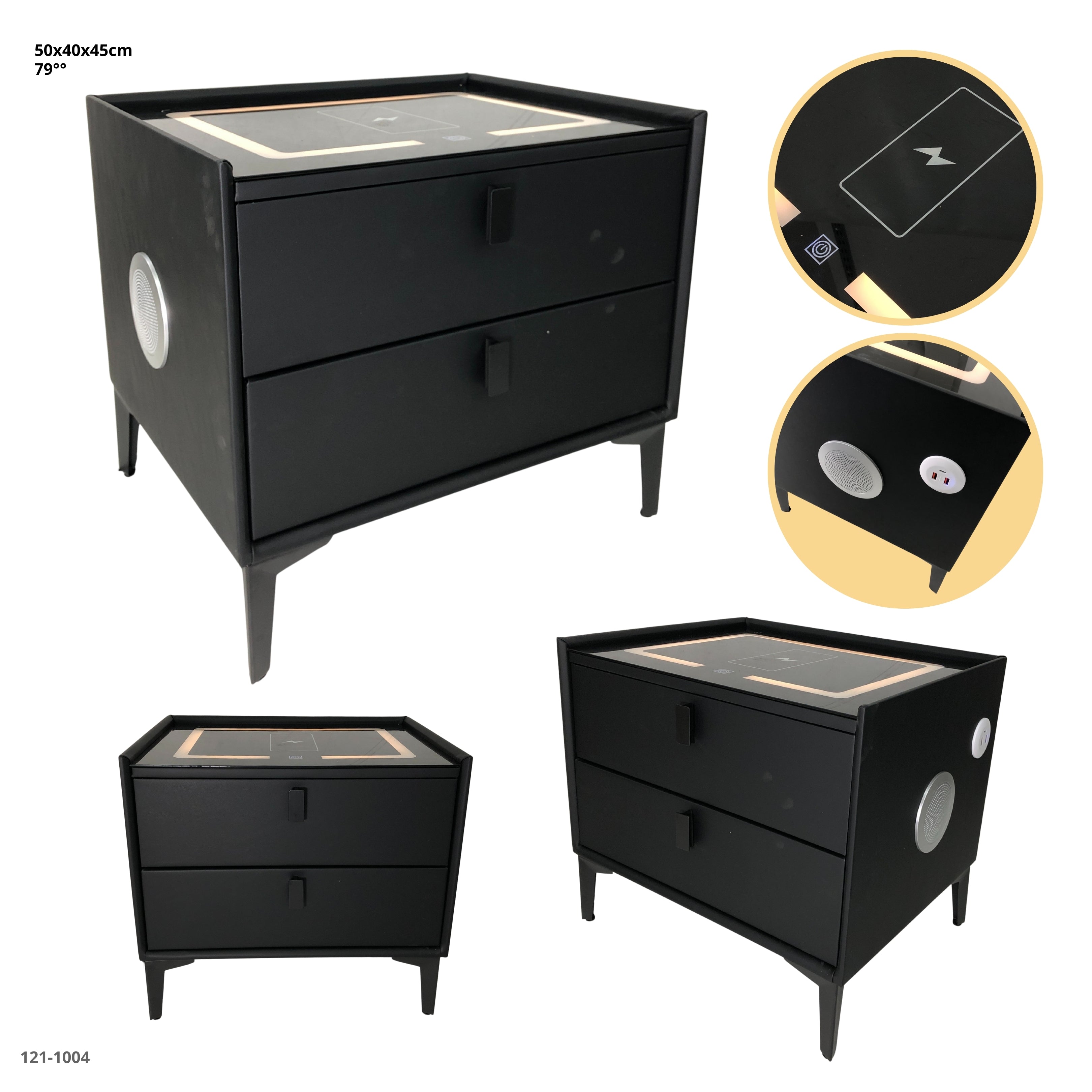 MESITA NEGRA DE NOCHE CON BLUETOOTH+LUZ+CARGADOR 2 GAVETAS
