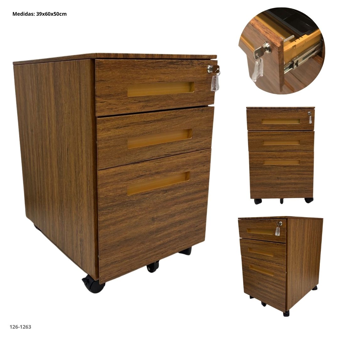 ARCHIVADOR METALICO 3 GAVETAS PEQUEÑO ESTILO MADERA CLARO CON RUEDAS