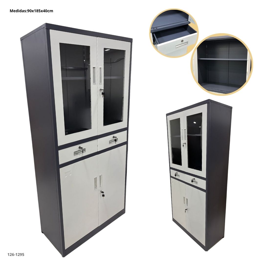 GABINETE METALICO CON 2 GAVETAS Y  2 PUERTAS DE VIDRIO Y 2 METAL GRIS OSCURO/BLANCO