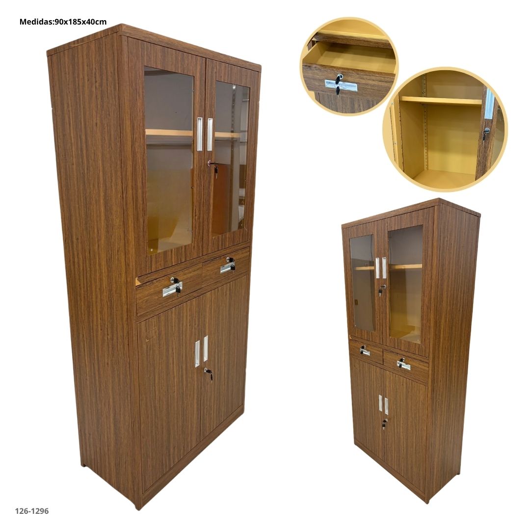 GABINETE METALICO CON 2 GAVETAS Y 2 PUERTAS DE VIDRIO Y 2 METAL  COLOR MADERA CLARO