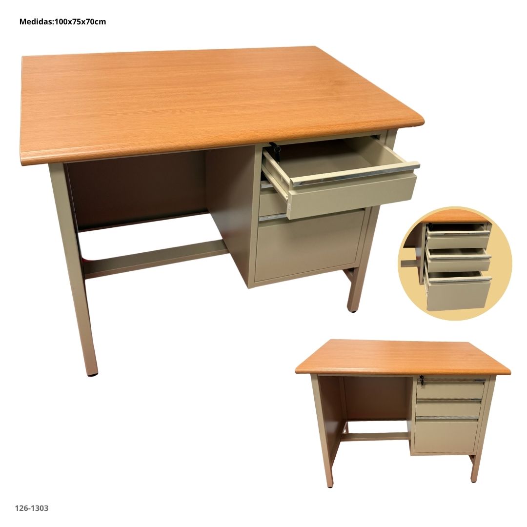 ESCRITORIO DE OFICINA METALICO  BEIGE CON 3 GAVETAS 100*70*75CM