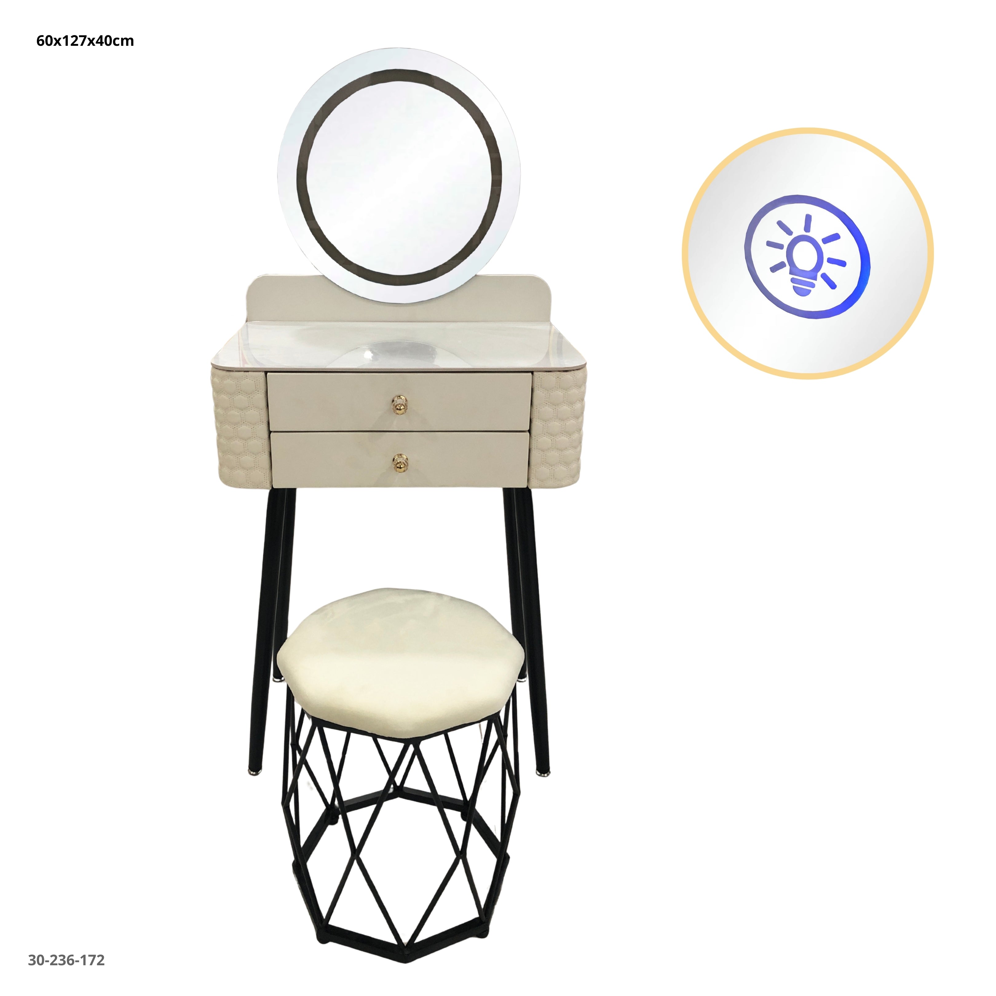 VANITY CON ESPEJO/LUZ Y TABURETE 60*40CM BLANCO
