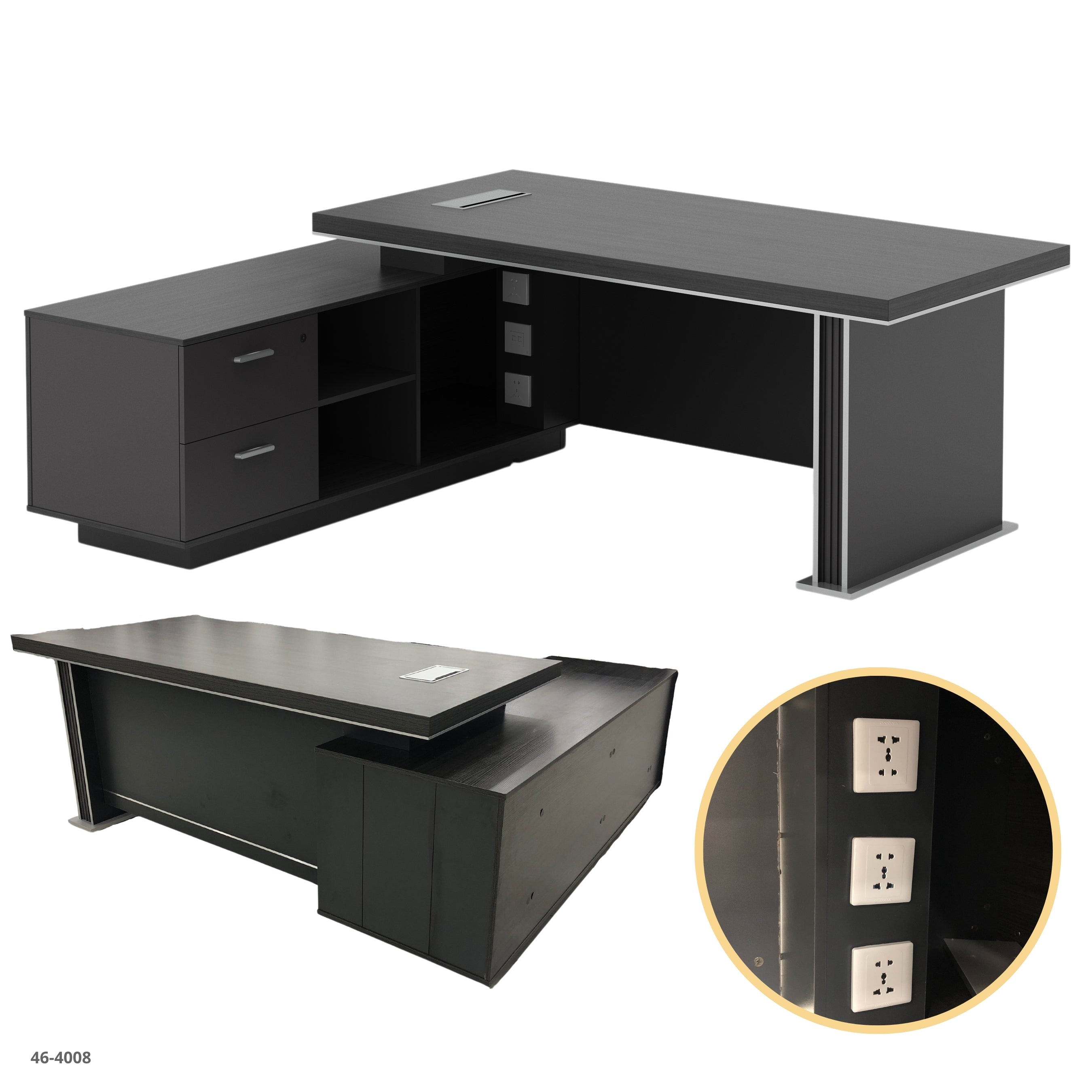 ESCRITORIO EJECUTIVO GRIS L IZQUIERDA+GABINETE Y ENCHUFE 160X150X75