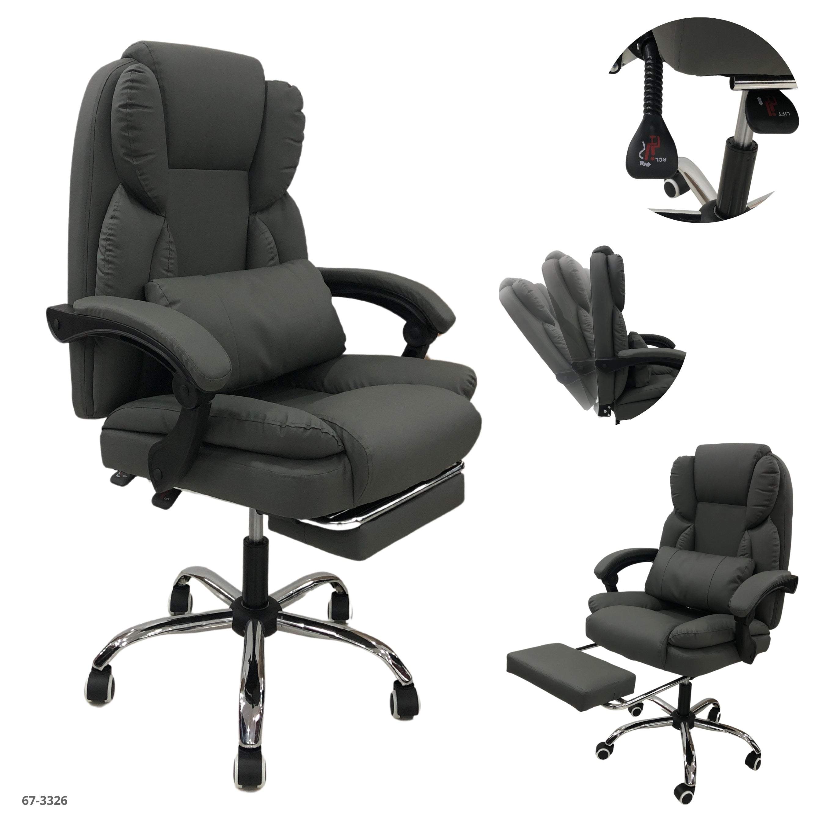 SILLA DE OFICINA CUERINA GRIS+REPOSA PIES+COJIN