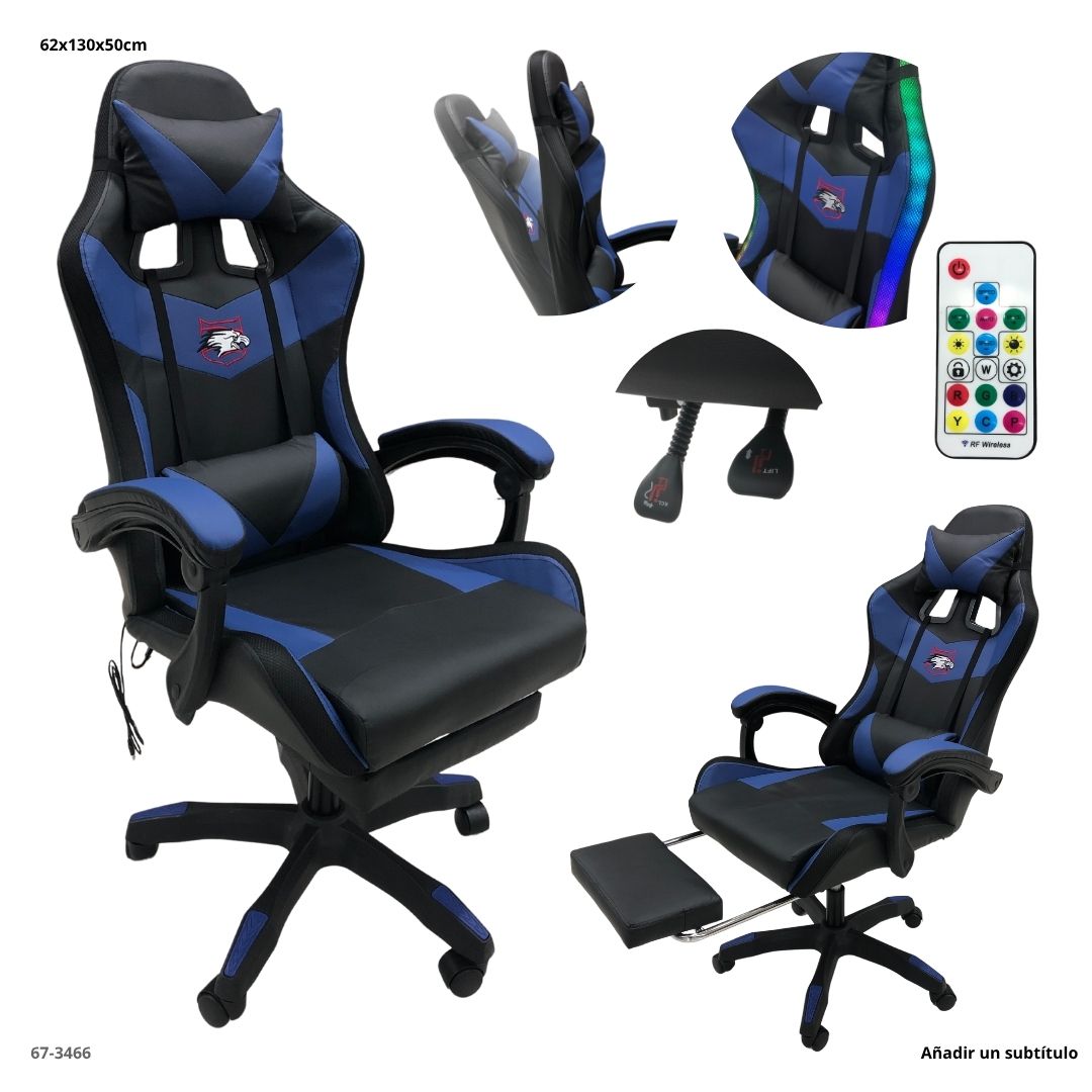 SILLA GAMING NEGRO/ AZUL LED CON REPOSA PIE