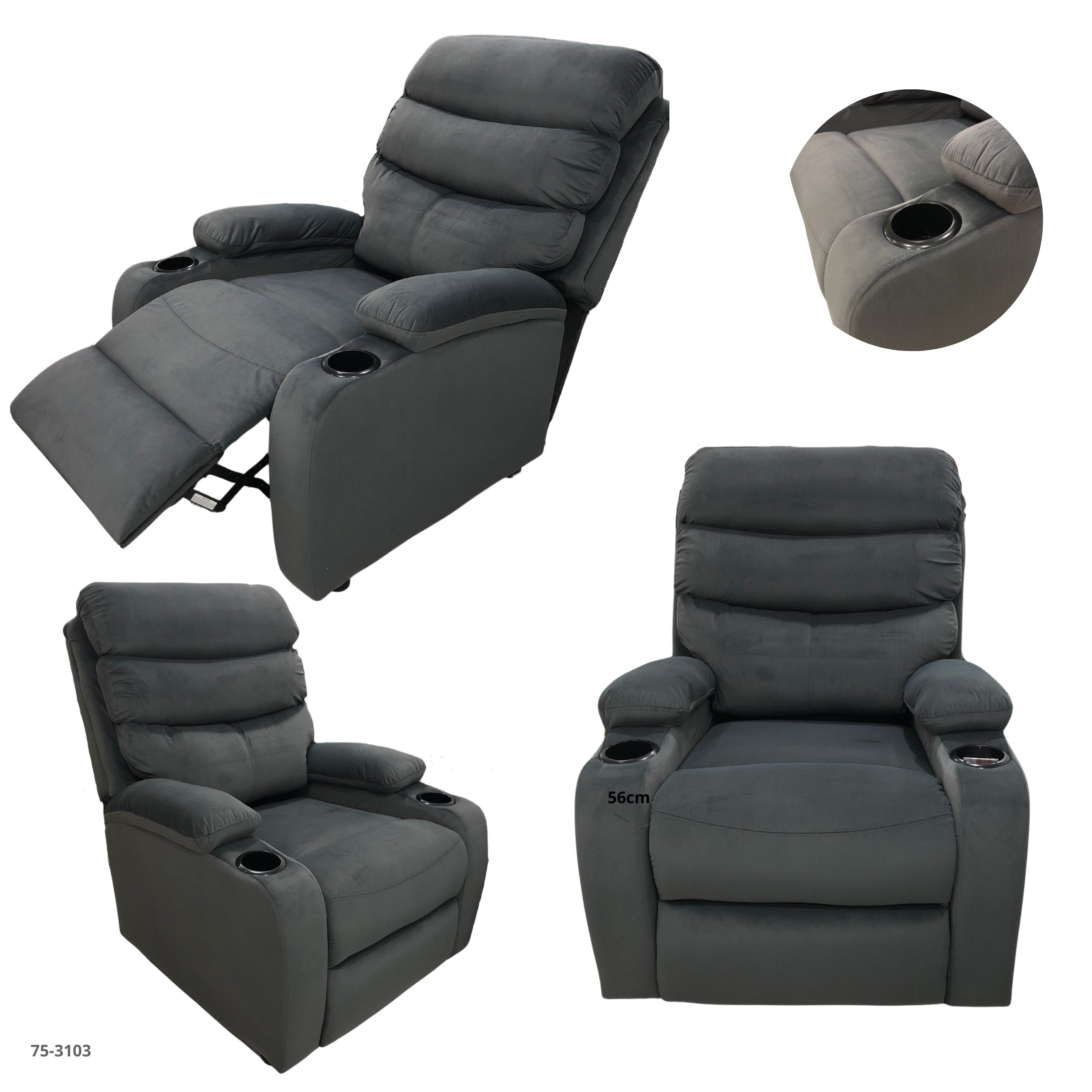SOFA RECLINABLE GRIS CON PORTAVASOS