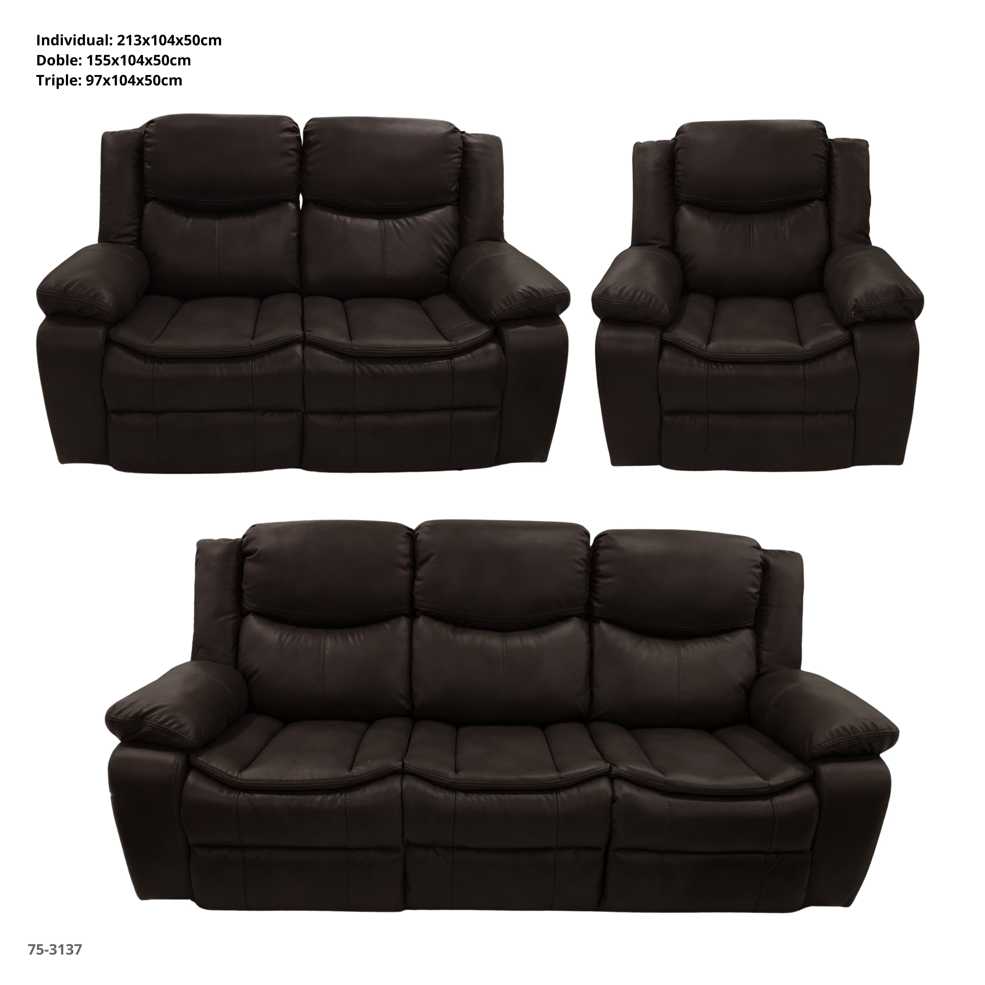 JUEGO DE SOFA CHOCOLATE RECLINABLE VALERIE  DE 3 PZA TAPICERIA CUERO DE AIRE
